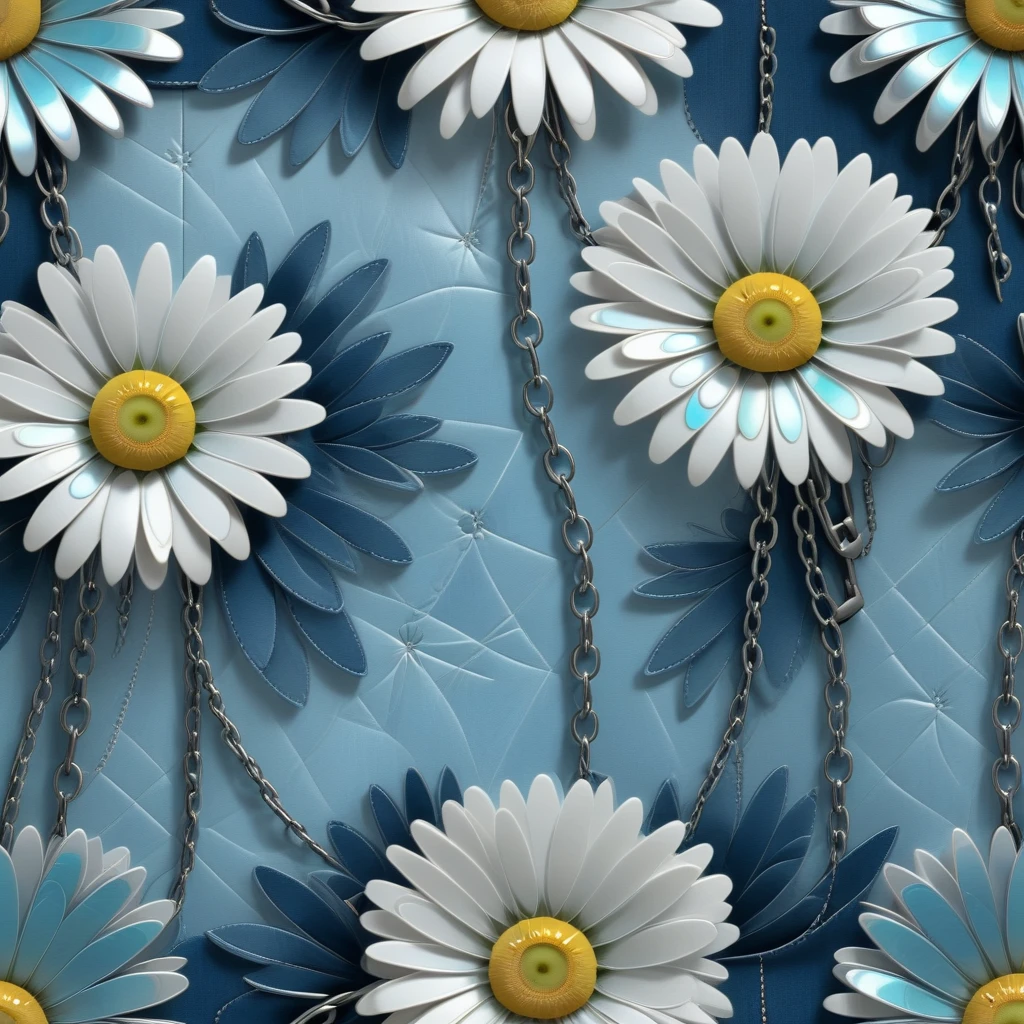 female floral print, daisy, radiant, digital paint, denim, surrealism style, Layered, neon tones, chain link pattern, embossed effect, muted tones accents, tiled, leather-like texture, iridescent finish  <lora:artfully_SOFTSUBTLE:1>, soft and subtle,