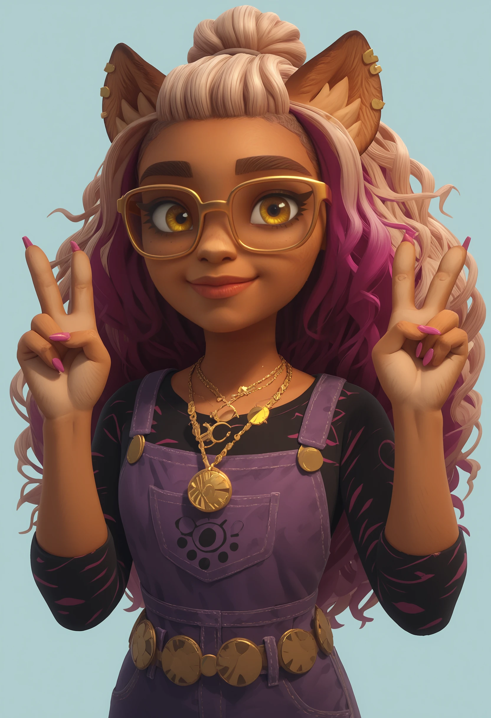 score_9, score_8_up, score_7_up, score_6_up, score_5_up, score_4_up, 1girl, <lora:ClawdeenMH:0.85>  solo, animal ears, long hair, multicolored hair, yellow eyes, dark skin, furry female, jewelry, glasses, yellow-framed eyewear, necklace, overalls, upper body, standing, smile, v sign, 
light blue background, simple background,