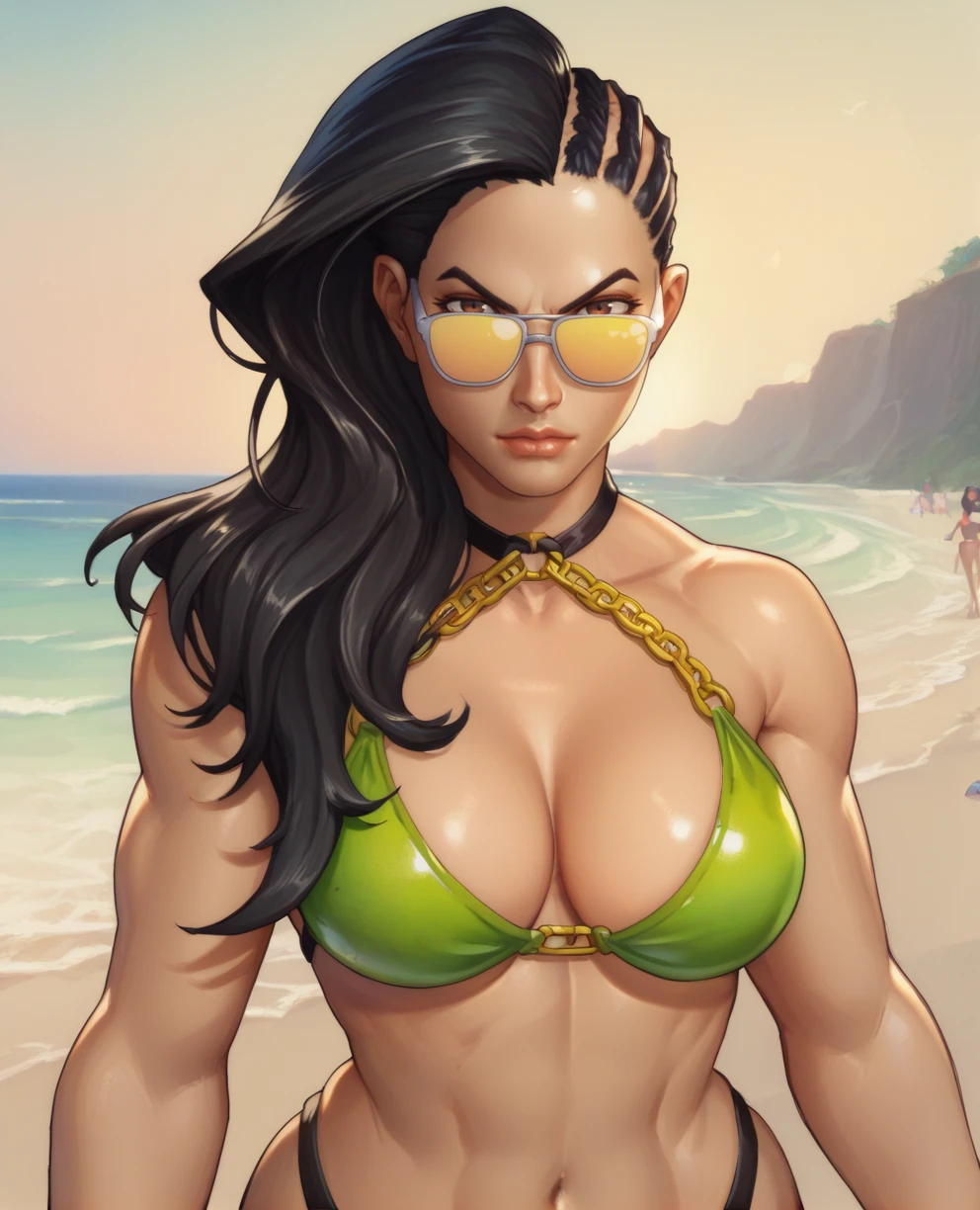 score_9,score_8_up,
matsudaxl,black hair,brown eyes,asymmetrical hair,yellow sunglasses,
green chain bikini,hips,
standing,upper body,cleavage,
beach,dusk,solo,
<lora:lauramatsudaxl:0.8>,