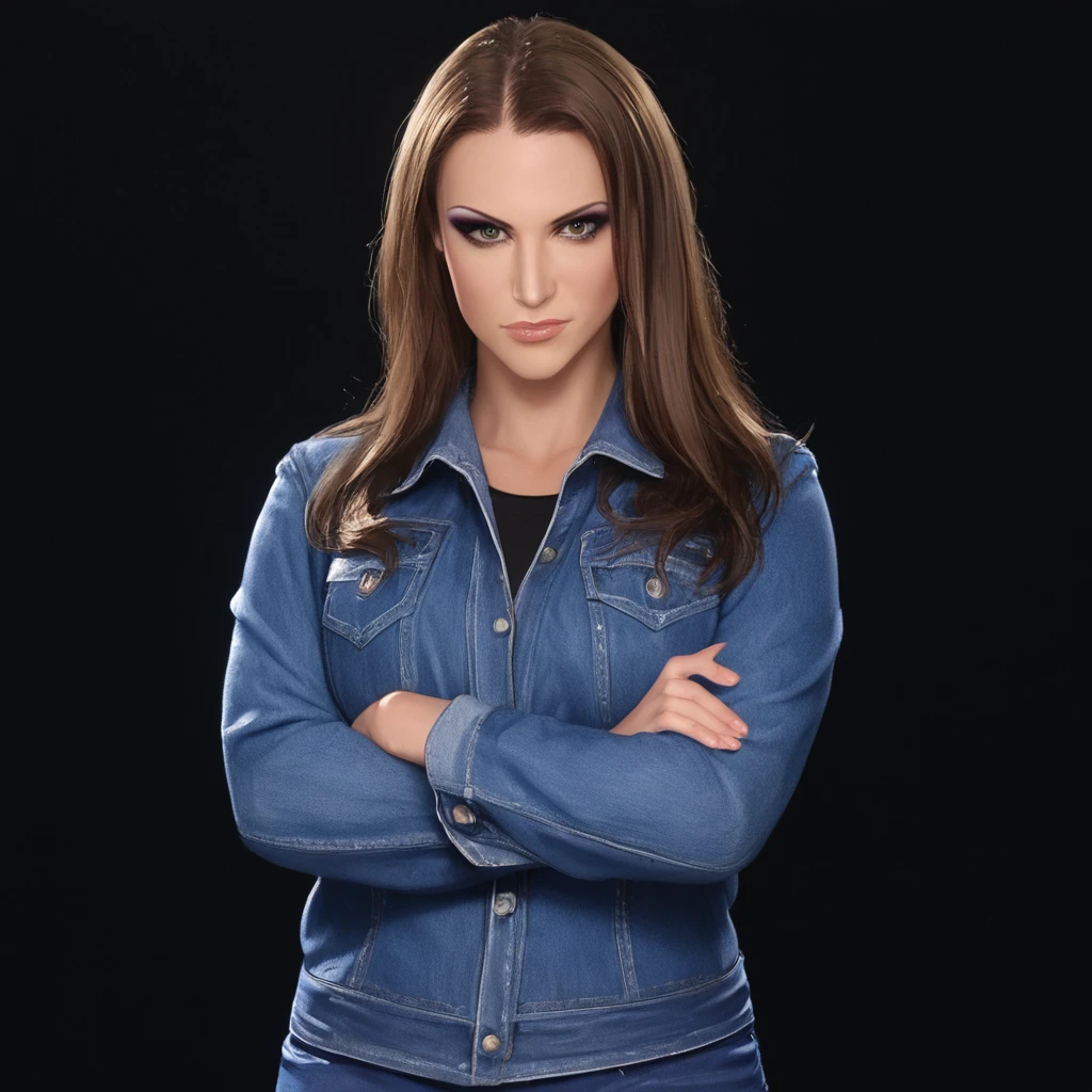 masterpiece, best quality,  <lora:Pony_Stephanie_McMahon:1>,$tephmcmahon, 1girl, solo, denim jacket, long hair, denim, brown hair, crossed arms, breasts, c, jacket, looking at viewer, black background, makeup, simple background, jewelry, lips, upper body