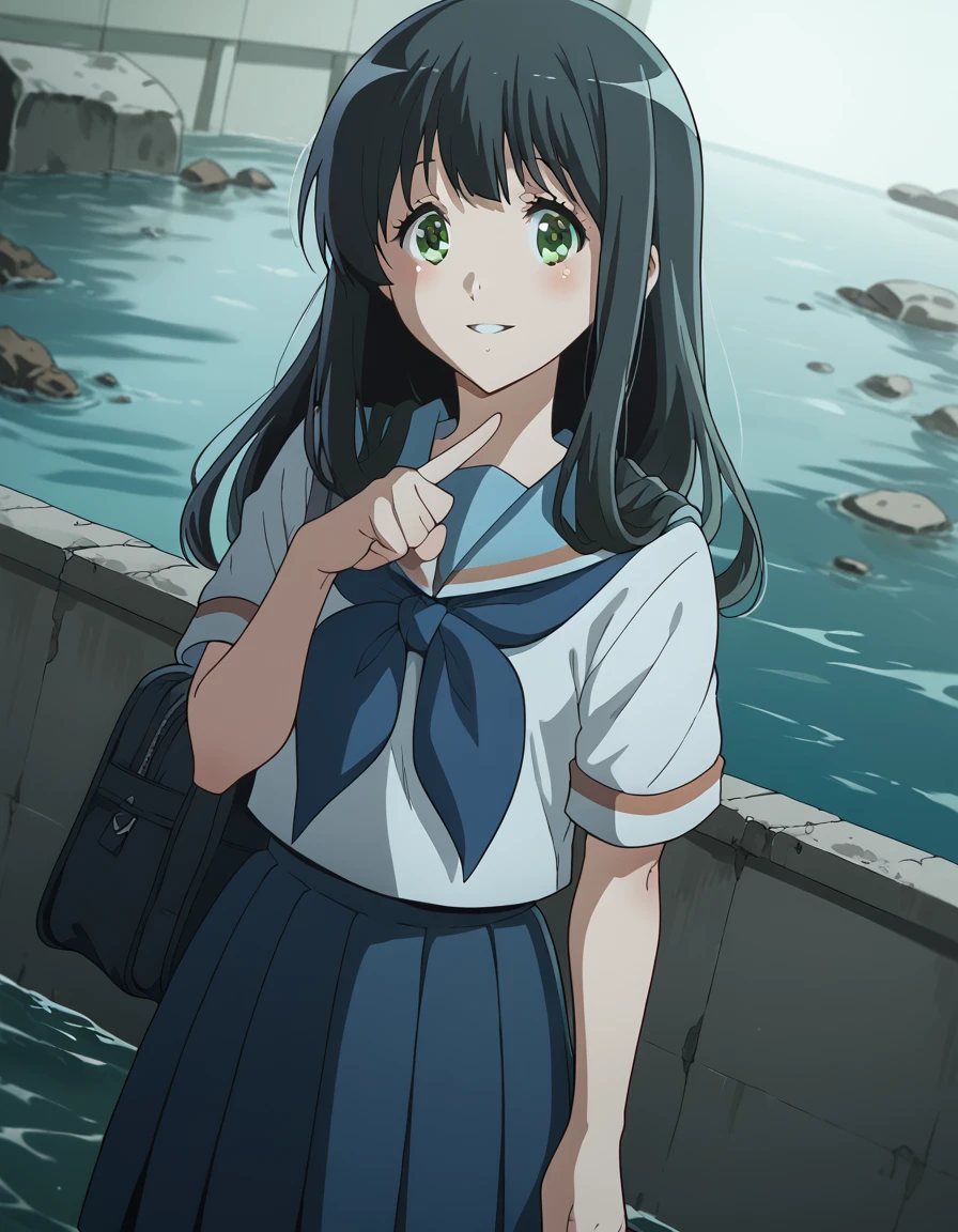 score_9, score_8_up, score_7_up, source_anime, <lora:sari-yoshii-s3-ponyxl-lora-nochekaiser:1>, sari yoshii, long hair, bangs, black hair, green eyes,, skirt, shirt, school uniform, white shirt, short sleeves, pleated skirt, serafuku, sailor collar, blue skirt, neckerchief, blue sailor collar, school bag, blue neckerchief, kitauji high school uniform,, dam, water, concrete, structure, height, smile, <lora:x-fingers-ponyxl-lora-nochekaiser:1>, x fingers, blush, parted lips,, looking at viewer, solo,, dutch angle, cowboy shot