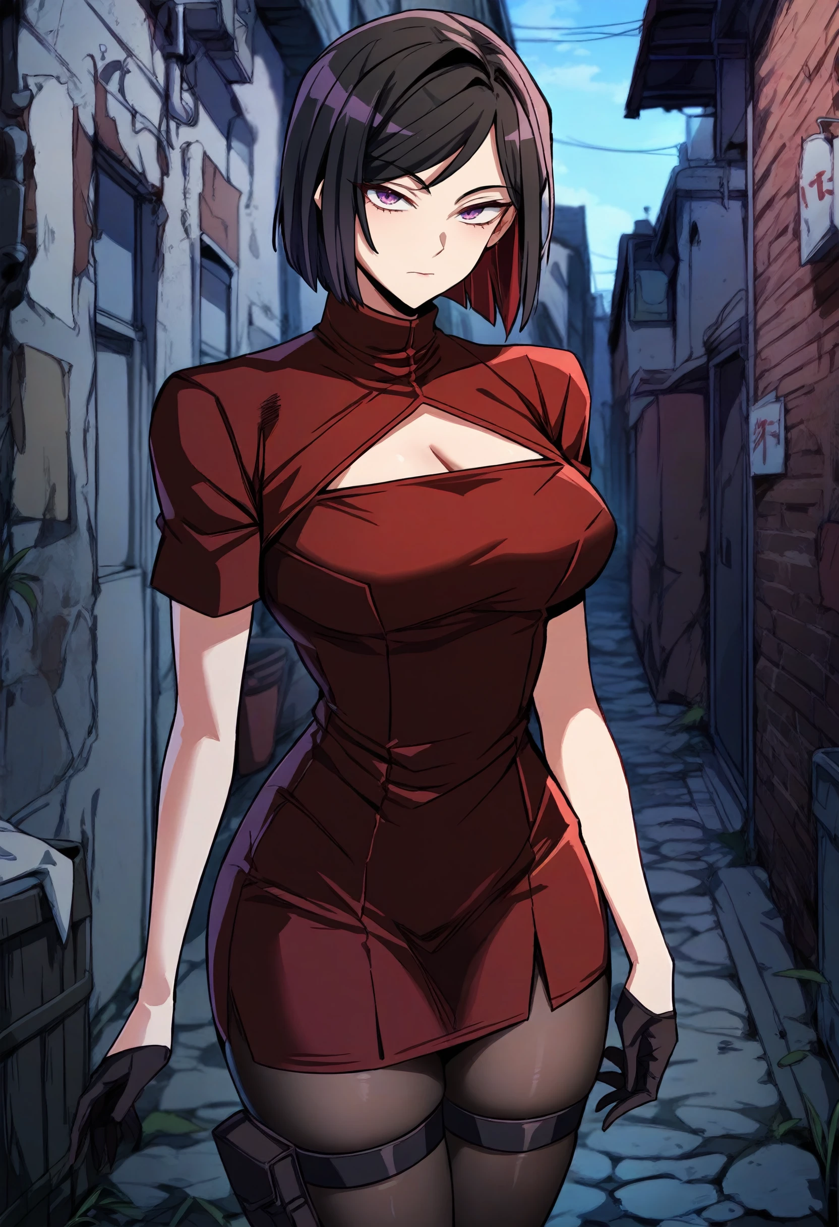 score_9, score_8_up, score_7_up, score_6_up, source_anime, rating_explicit, 1girl, solo, huge breasts,<lora:Cha Sohui prefectPonyxl:0.95> short hair, black hair, purple eyes, red hair, colored inner hair, turtleneck, red shrug \(clothing\), red dress, cleavage cutout, short sleeves, black gloves, half gloves, short dress, thigh strap, black pantyhose, closed mouth, alley, outdoors, looking at viewer, standing