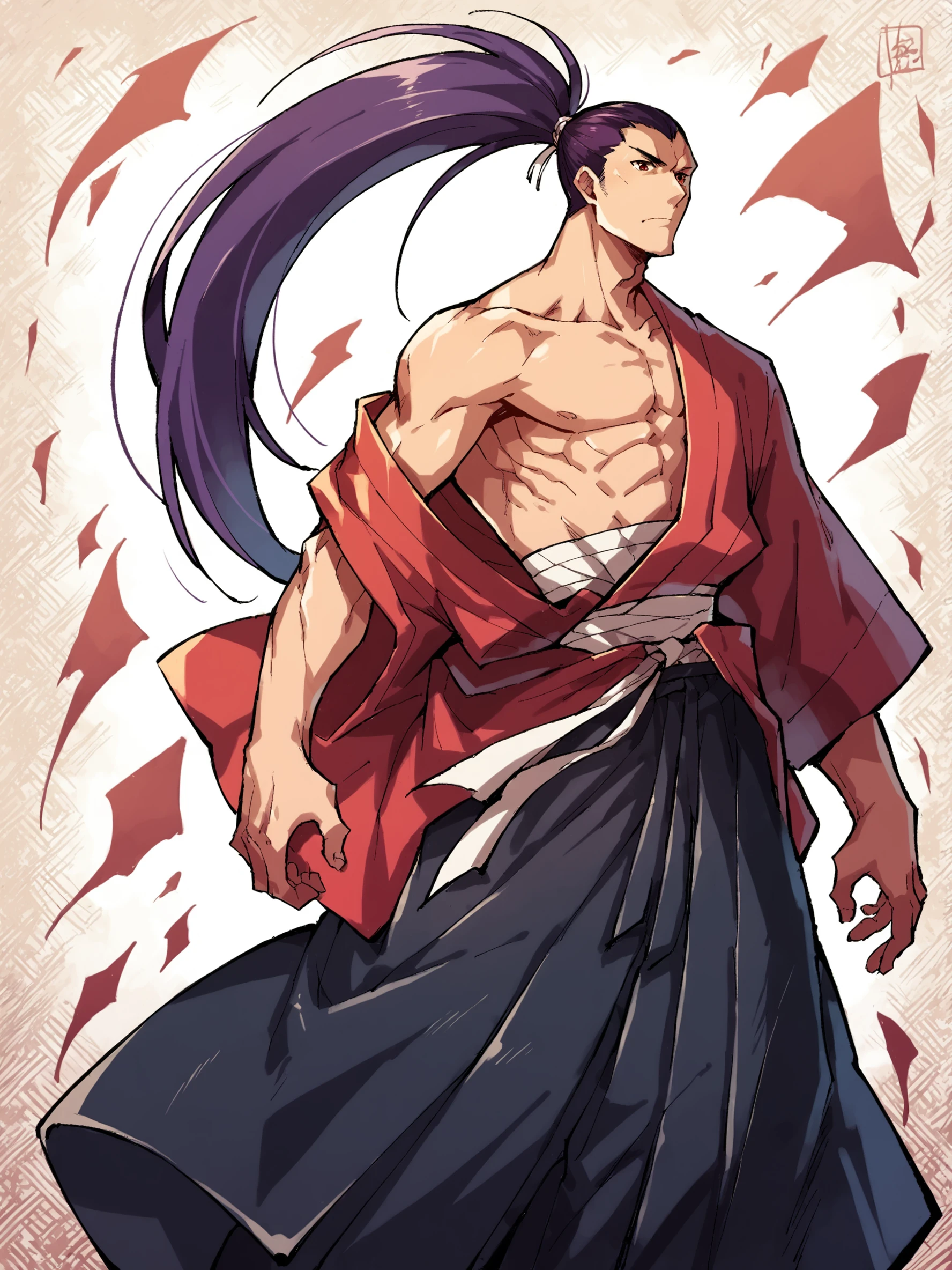 score_9, score_8up, score_7up, score_6up, score_5up, score_4up, dynamic angle, dutch angle, abstract background, source_cartoon, rating_safe, BREAK
solo, 1boy, solo, ss_genjuro, purple hair, red eyes, ponytail, haori over shoulder, hakama, BREAK
 <lora:Genjuro_Kibagami_-_Samurai_Shodown_-_PDXL:1>