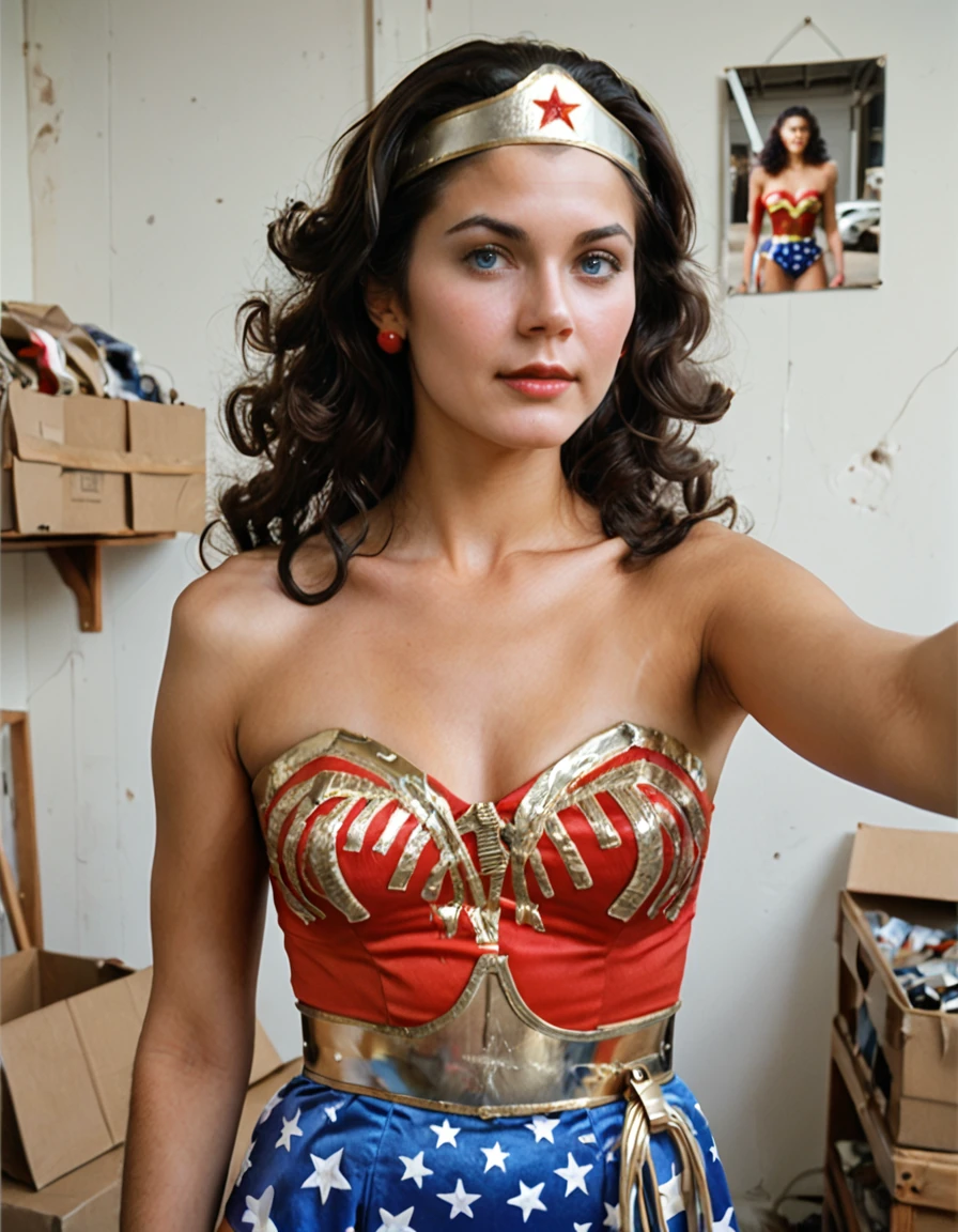 , score_9, score_8_up, score_7_up, realistic,  photo, aesthetic erotic photography, depth of field, chiaroscuro, strong shadows, extremely high-resolution details, photographic,  <lora:WonderWRetroLindaCQuiron_PONY:0.77> wonderwomanretroquiron, wonderwomanretro, 1girl Balancing on one foot: Standing on one leg to test and improve balance., black hair, realistic, solo, long hair, bare shoulders, jewelry, breasts, star (symbol), earrings, lips, tiara, star print, blue eyes, headband, strapless, curly hair, american flag,  A Selfie Shot, attic, A storage space filled with dusty cardboard boxes, old family photographs, and discarded furniture from previous decades, by nick ut