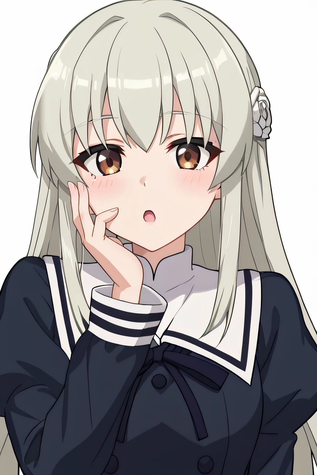 score_9, score_8_up, score_7_up, source_anime, rating_safe, intricate details, anime screencap, official style, 1girl, solo, <lora:Egawa_Kusumi:1>, kusumi, grey hair, brown eyes, sidelocks, long hair, hair flower, school uniform, black ribbon, juliet sleeves, black sleeves, puffy sleeves, looking at viewer, simple background, surprised, open mouth, upper body, index finger on own cheek, five fingers