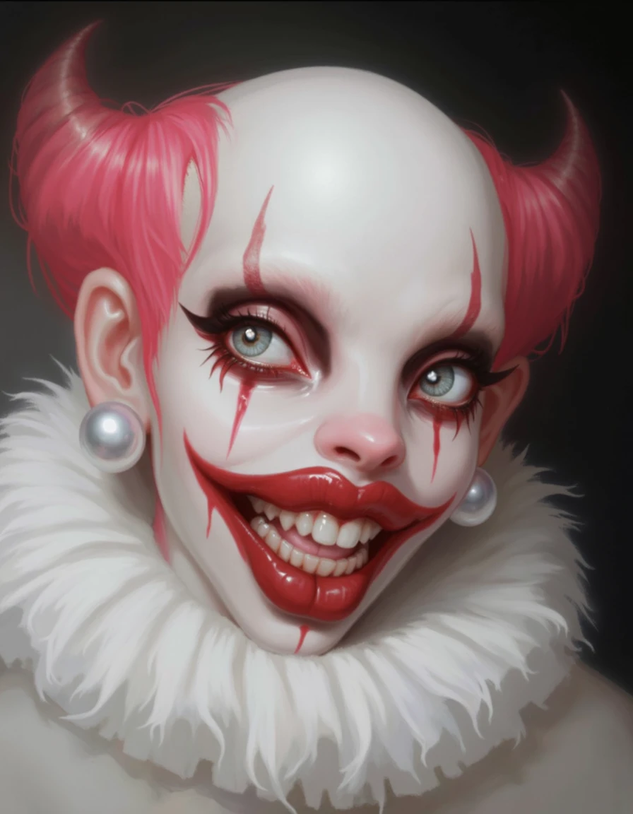 mhus, creepy bald bitch with horns and pink hair coming down the sides of her head, big pearlescent earrings, big lips with lines coming out of the sides and up, cross under eye, dark red and black eye shadow, pale skin, vignette, white fluff around neck, milky white light blue eyes, lazy eye