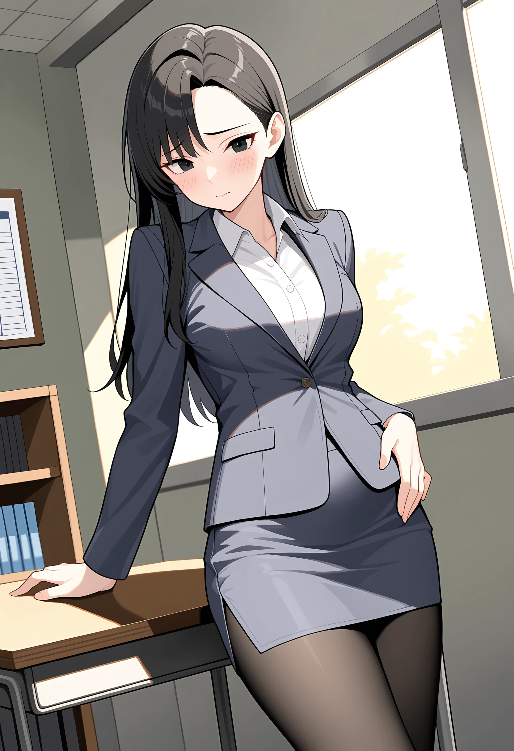 OL、a beauty girl、Excellent style、Nice Buddy、glamorous、Business suits、pencil skirt by the、pantyhose、high-heels、s Office、is standing、full body seenwetting herself:2.0),
