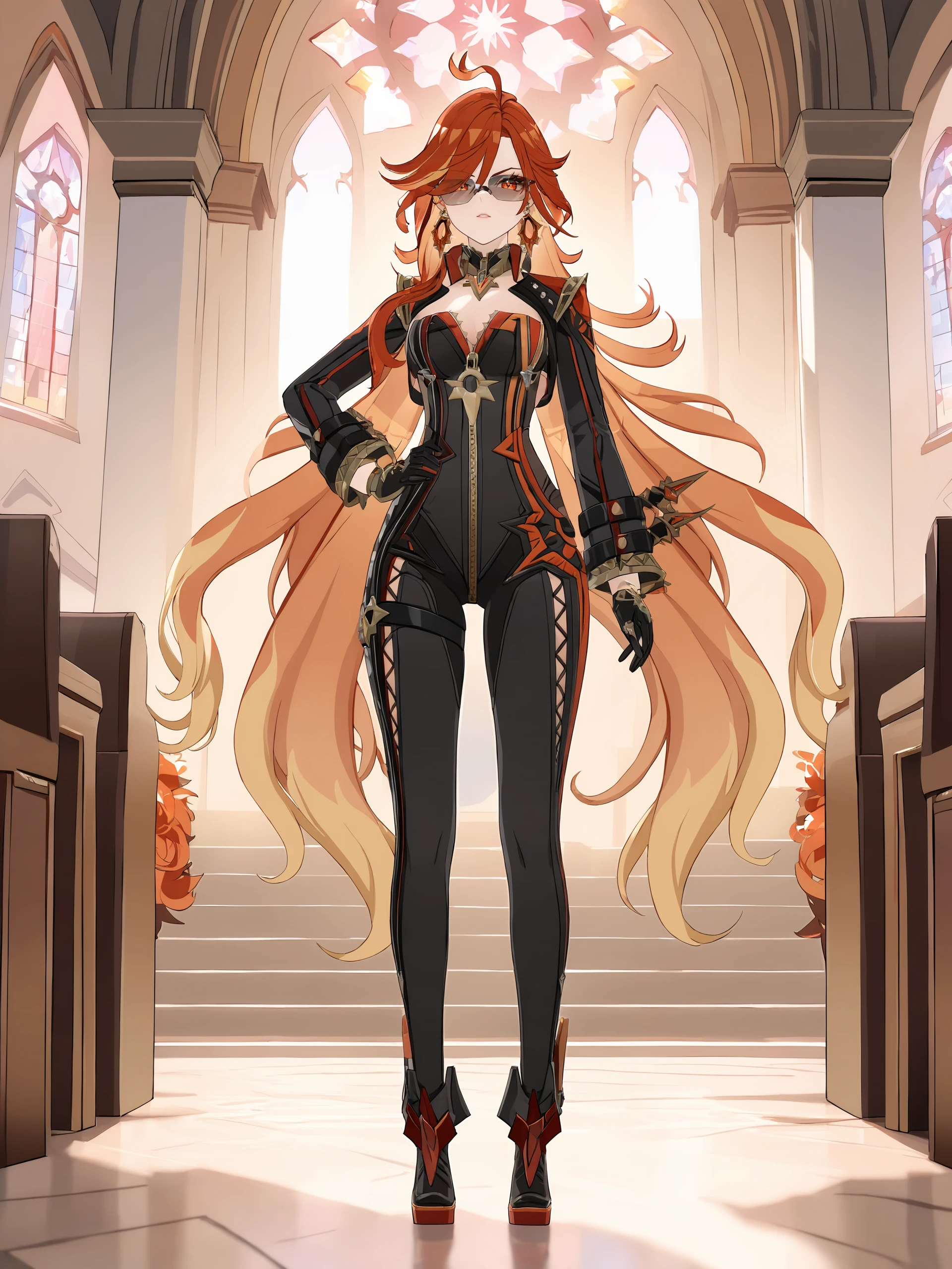 1girl, mavuika \(genshin impact\), earrings, sunglasses, black bikesuit, black gloves, shrug \(clothing\), metal collar, high heel boots, depth of field, full body, standing, glaring, hand on hip, looking at viewer, church, indoors <lora:Char-Genshin-Mavuika-V2-SDXL:0.9>, masterpiece, best quality, very aesthetic, ray tracing, newest, illustration, incredibly absurdres, ultra detailed, [<lora:detailed_notrigger:0.95>::0.5]