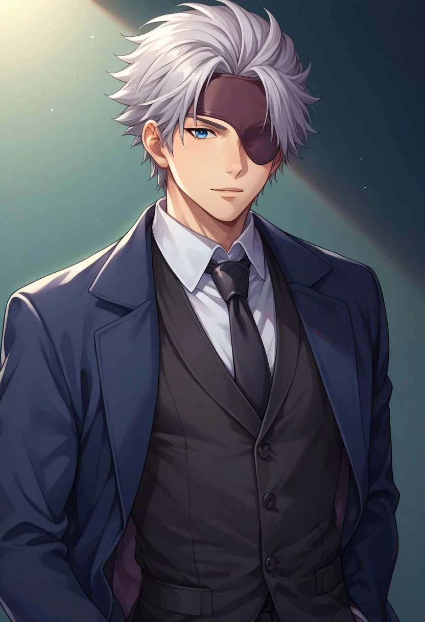 score_9, score_8_up, score_7_up, source_anime, highly detailed, 
Motochika, 1boy, male focus, solo, grey hair, short hair, blue eyes, eyepatch, suit, formal, jacket, shirt, collared shirt, necktie,
indoor