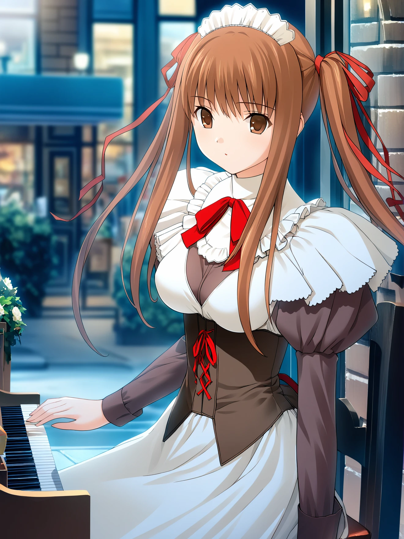 masterpiece, best quality, high quality, aesthetic, absurdres, insanely detailed,
1girl, solo, long hair, ribbon, brown hair, hair ribbon, dutch angle, brown eyes, night city, long sleeves, shop, maid, playing piano, sitting, medium breasts, corset, twintails, puffy sleeves, blurry, depth of field, building, door, two side up, apron, red ribbon, looking at viewer, outdoors, lights, wreath, night, 
<lora:nekonyan-style-xl_v1.0:1>