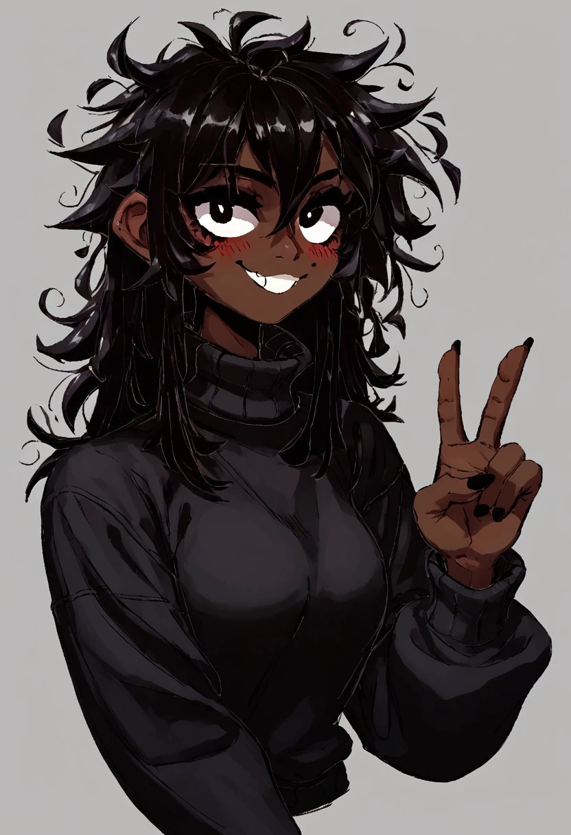 score_9, score_8_up, score_7_up, 1girl, mestizo skin, dark skin, black hair, simple background, black sweater, turtleneck, smiling, blushing, long hair, messy hair, peace sign