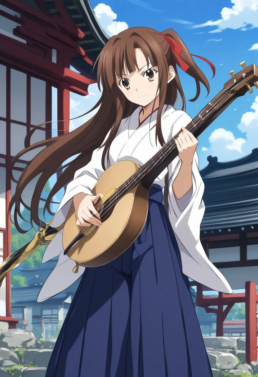 score_9, score_8_up, score_7_up, 
mur4y4m4,Murayama,
1girl, solo, long hair, bangs, skirt, brown hair, ribbon, brown eyes, hair ribbon, weapon, outdoors, japanese clothes, sky, day, blurry, blue sky, instrument, hakama, hakama skirt, miko, shinai