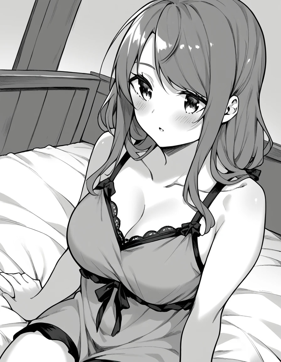 score_9, score_8_up, score_7_up, source_anime, <lora:maya-akitsu-manga-ponyxl-lora-nochekaiser:1>, maya akitsu, long hair, bangs, monochrome, greyscale, large breasts,, <lora:negligee-ponyxl-lora-nochekaiser:1>, negligee, sleeveless, underwear,, bed, bed room, on bed, wariza, sitting, blush, from side, parted lips, collarbone,, , dutch angle, cowboy shot