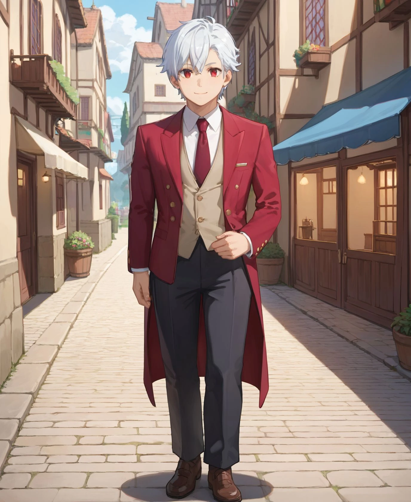 score_9,score_8_up,score_7_up,masterpiece, best quality, <lora:WHM 0.2v:0.5>, WHM, 2D,anime,
<lora:HandFixer_pdxl_Incrs_v1:0.5>,
<lora:bell01:0.7>full body, bell01, solo,
1boy, looking at viewer, smile, shirt, red eyes, closed mouth, white hair, red necktie, formal, suit,red tight tailcoat,black pants,
medieval town , fantasy,dungeon ni deai wo motomeru no wa machigatteiru darou ka style,