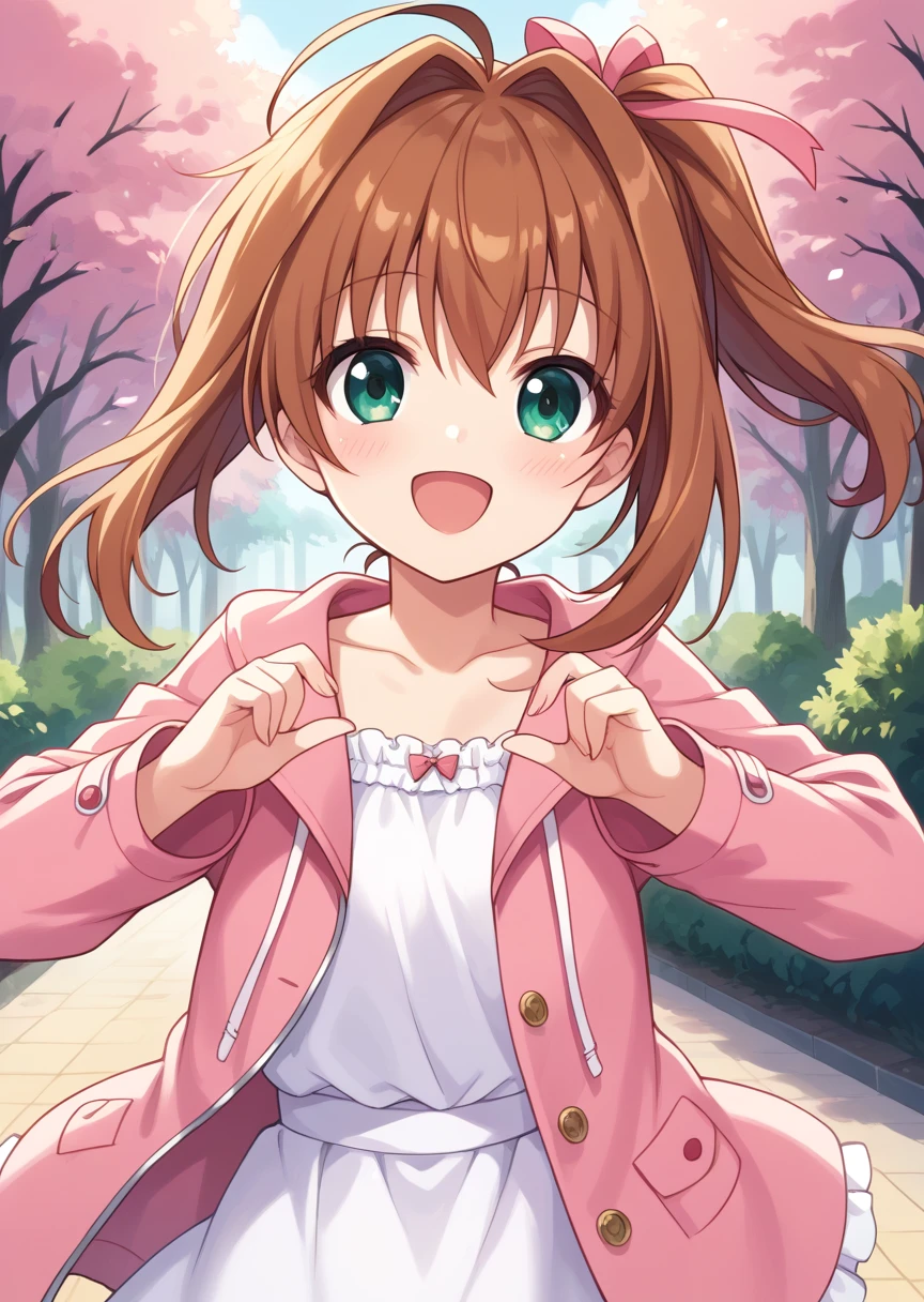 score_9, score_8_up, score_7_up, score_6_up, score_5_up, BREAK
Akar1, human, female, 1girl, solo, looking at viewer,side ponytail, blush, open mouth, brown hair, bow, ribbon, shirt, green eyes, hair ribbon, upper body, ahoge, :D, happy, smile, pink bow, pink jacket, dynamic pose, skirt, park, pink theme