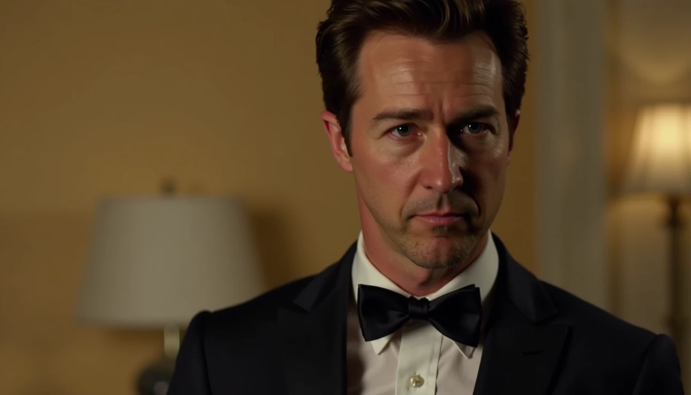 Edward Norton dressed elegantly in a room with soft light