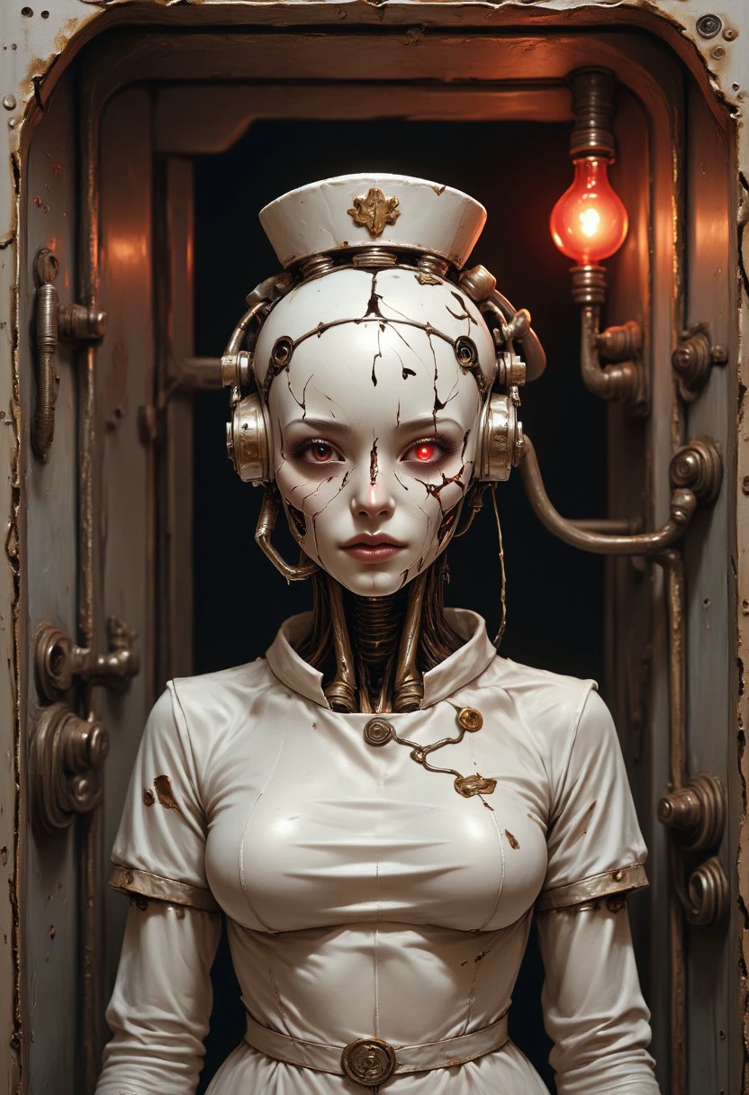 1Female, Gothic, Horror, Darkness, Moody, Depression, sadness, evil, blood, undead, midnight, macabre, eerie., (Female humanoid retro-futuristic android wearing bizarre sexy nurse-style outfit portrait:1.1). (Beautiful highly segmented patterned synthetic face made of white plastic porcelain material:1.2). Sleek futuristic look. Highly detailed beautiful glowing expressive human eyes. (Robotic Steampunk Body is both mechanical and decayed, with heavy rust and glitching electronics. The aesthetic is surreal, blending cyberpunk dystopia and mechanical decay, metallic textures a worn weathered cracked off-white surface etched with fine fracture lines and rust stains and fire damage. Hyper-realistic details.:1.2) Visible joints, bolts, welding, and seams along cheekbones and forehead. Tubes emerge from her back connecting her to broken rusted damaged machinery. The aesthetic is surreal, blending cyberpunk dystopia and mechanical decay, utilizing intricate linework and metallic textures. Style elements draw from industrial design, surreal futurism, and intricate mechanical detailing, rusted decay. Incorporating the theme of 1970s-80s psychiatry, with elements such as outdated, cold treatment rooms, harshly lit corridors, and the despair that marked this era of mental health care. The overall image combines bleak clinical scenes with an eerily perfect, yet decayed mechanical aesthetic. Glowing red Incandescent bulbs hang on the ceiling.