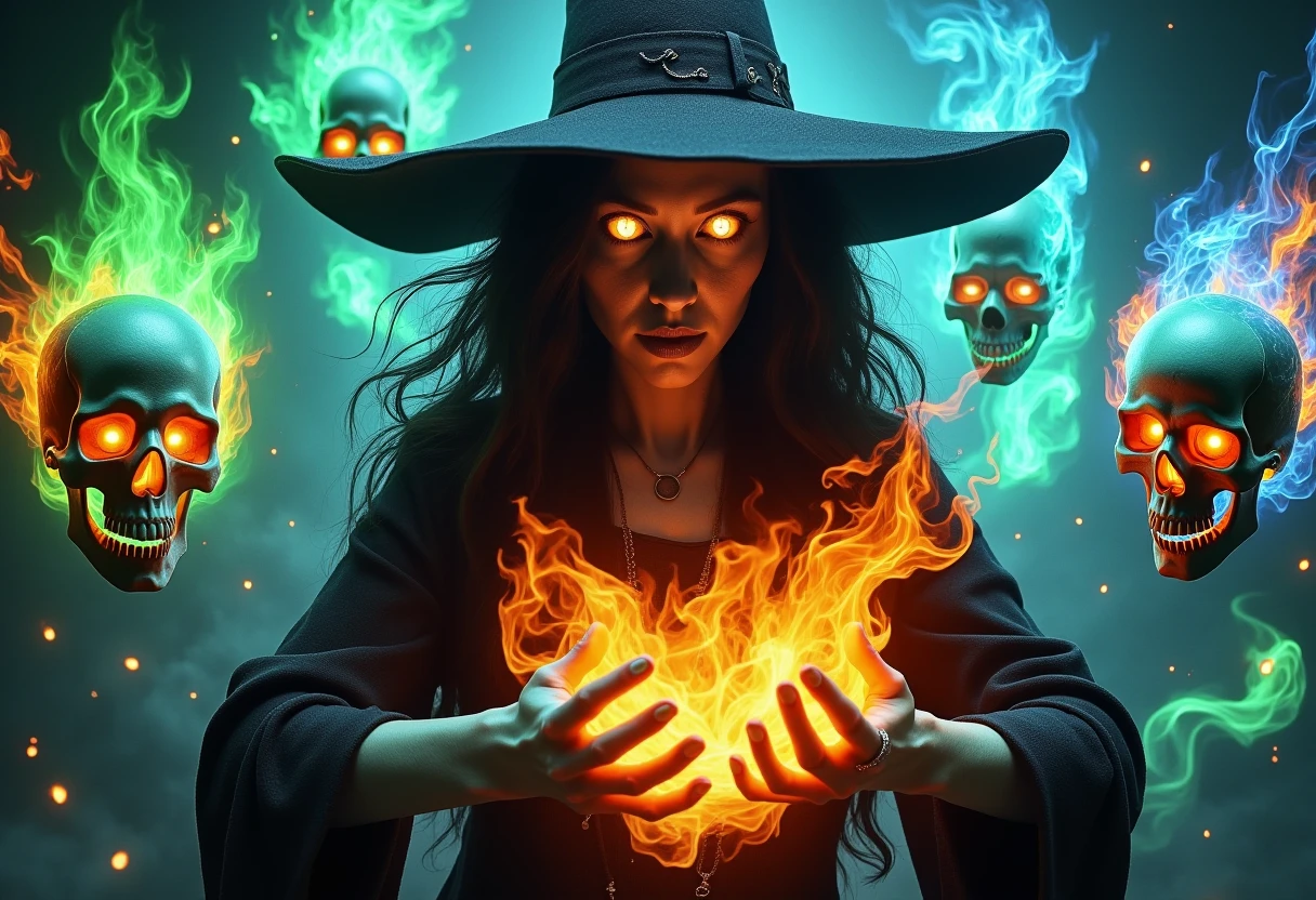 skelewitch, a witch, casting spell, with hands engulfed in fiery blaze, radiant glowing eyes, swirling vortex of green and blue flame-formed skulls surrounded her, amidst ethereal aura, pulsing energy flow, and turbulent wind whispers,