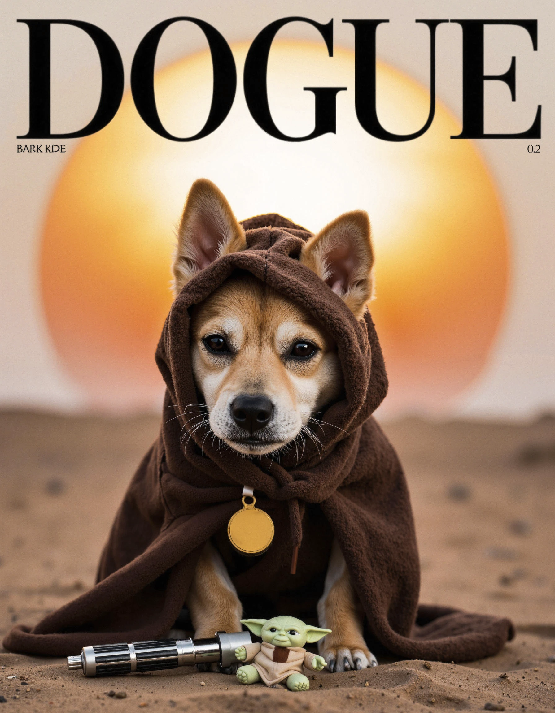 A "DOGUE" magazine cover featuring a Shiba Inu or French Bulldog dressed as a Jedi Knight. The dog wears a tiny brown Jedi robe, complete with a hood partially covering its face, and a mini lightsaber toy resting by its side. It’s posed heroically against a desert-like background, reminiscent of Tatooine, with two suns setting behind it. The cover text reads: "The Bark Side – Unleashing the Force of Canine Style." Add playful details like a mini Yoda plush by its feet or a tiny badge that says "Jedi Pup Council."

Style: Sci-fi, Star Wars homage, epic and adventurous.
Color Palette: Warm desert tones—sandy beige, burnt orange, with accents of Jedi brown.
Shot Angle: Low-angle shot to make the dog look brave and mystical, with a slight dramatic lighting effect.
Expression and Details: The dog has a wise, focused expression, giving off the calm strength of a Jedi master.