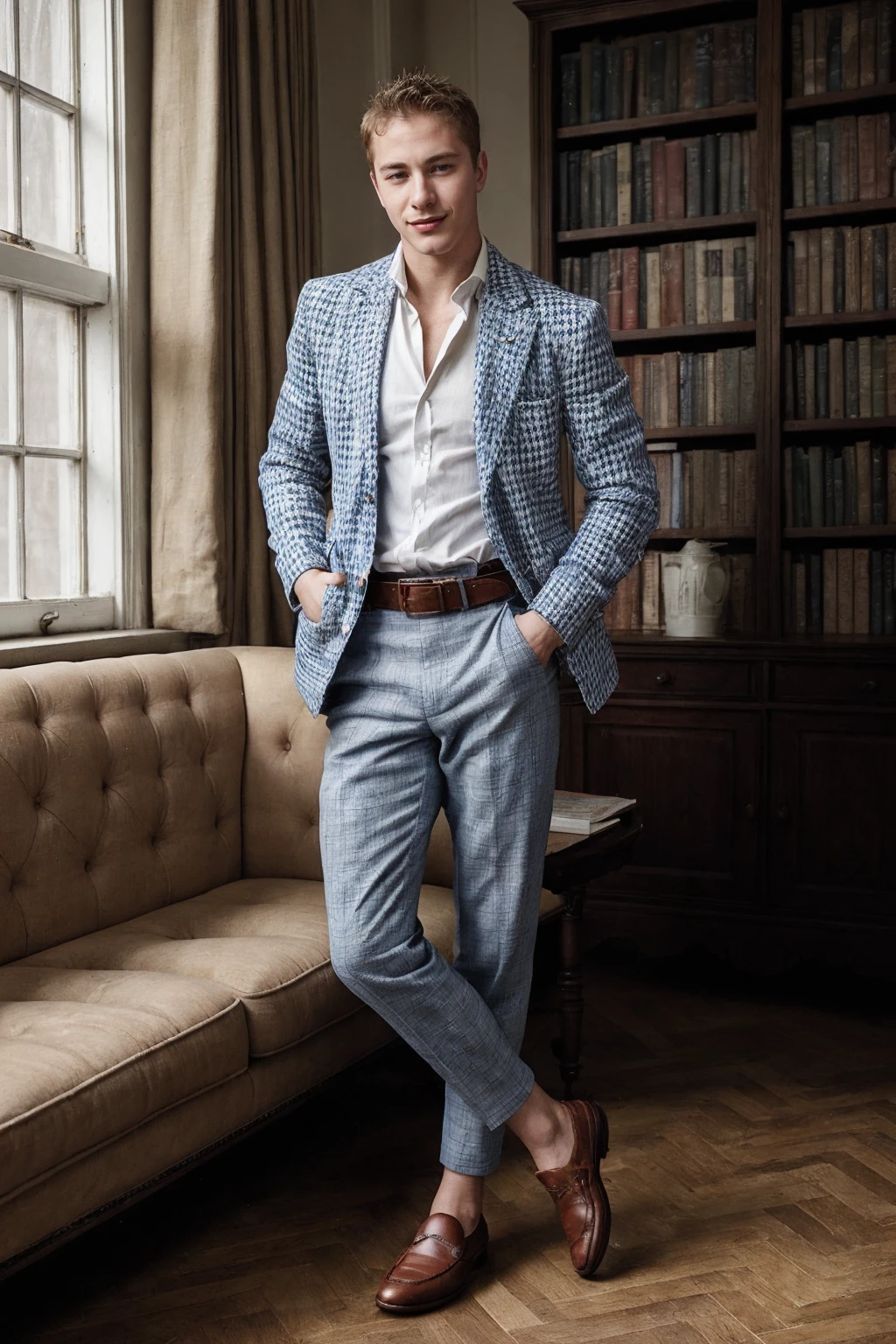 brochure, english text, books, <lora:cf_dru_epoch_7:0.8> cf_dru wearing blue houndstooth blazer and chinos and loafers, vintage belt, Ralph Lauren editorial, relaxed confidence, (smirk:0.5), rim lighting <lora:Rembrandt Lighting style SD1.5:0.5>, wide angle, (indoor plant:0.5)