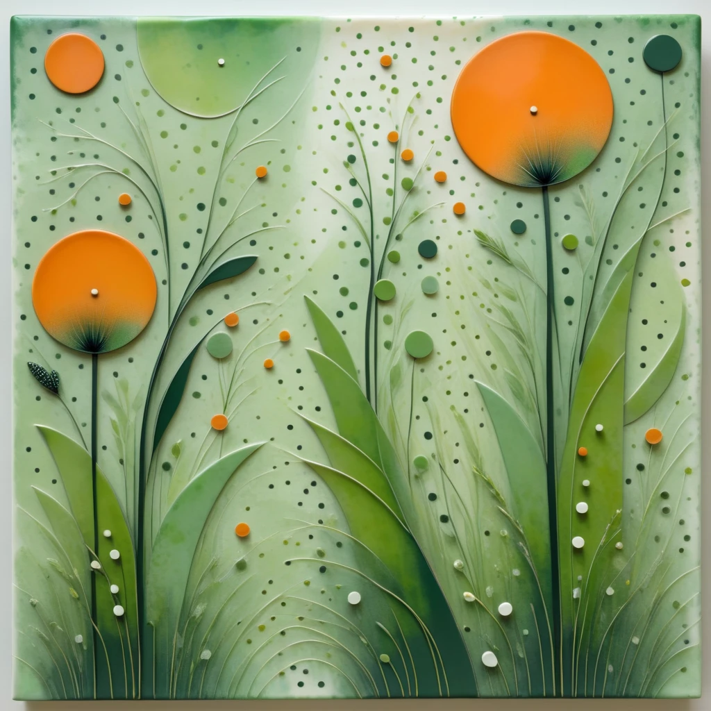 abstract nature print, meadow, randomized forms, encaustic, polyester, bauhaus style, Embossed, orange and green, polka dot pattern, dot art effect, lacquered accents, cyclic, flat texture, weathered finish  <lora:artfully_SOFTSUBTLE:1>, soft and subtle,