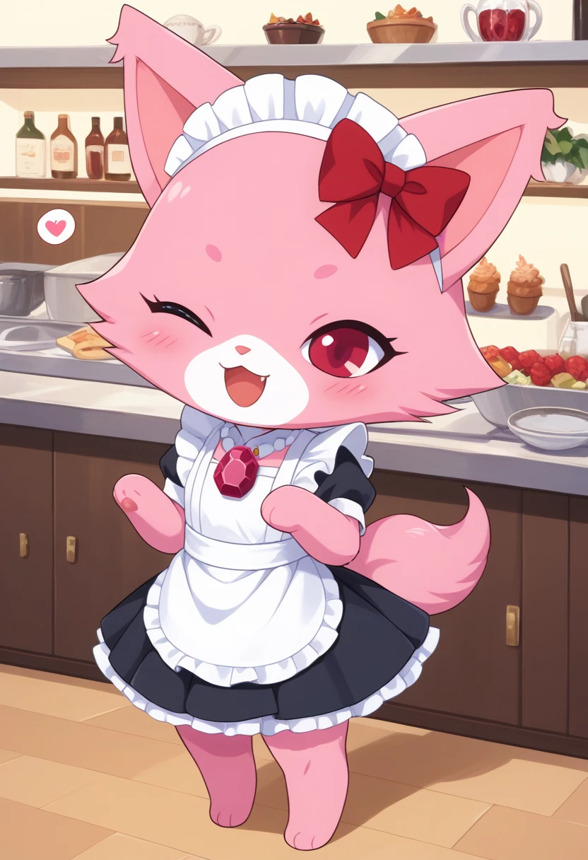 score_9, score_8_up, score_7_up, score_6_up, score_5_up, BREAK
garnet, anthro, female, jewelpet, solo, 1 bow, jewelry, standing, pink fur, tail, full body, red eyes, flower, hair bow, necklace, red bow, no humans, :3, cat, gem, pink paws, cafe, chibi, open mouth, thighhighs, happy, blush, one eye closed, wink, spoken heart, maid outfit, maid headdress, 