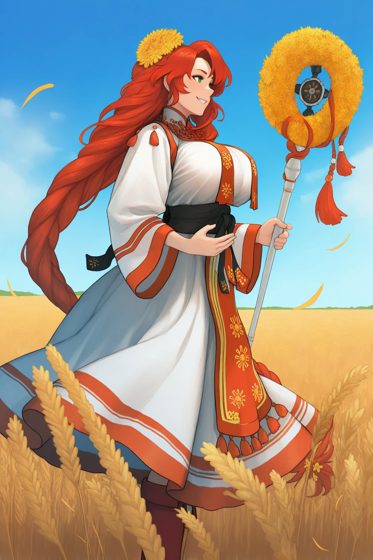 masterpiece, best quality, 1girl, solo,  <lora:fetitania-illu-nvwls-v1-000005:1> valTtna, red hair, green eyes, hair flower, braided ponytail, white dress, tabard, sash, long sleeves, red boots, big breasts, holding staff, grin, from side, field, wheat, blue sky