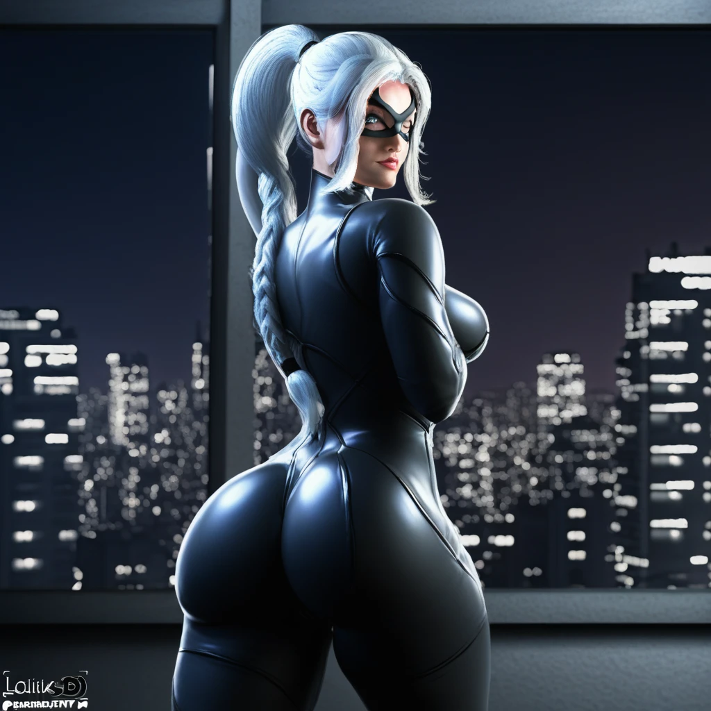 easynegative, Expressiveh, g0thicPXL, glowing, neon, blackcat, solo, 1girl, long hair, side boob, braid, pawg, full lips, skintight bodysuit, makeup, mask, lipstick, black bodysuit, ponytail, white hair, perfect face, perfect eyes, gray eyes, beautiful woman, perfect anatomy, back to camera, looking back at viewer, standing, perfect ass, seductive smirk, dimple, camel toe, thick thighs, athletic build, studio apartment, city skyline in window, afternoon