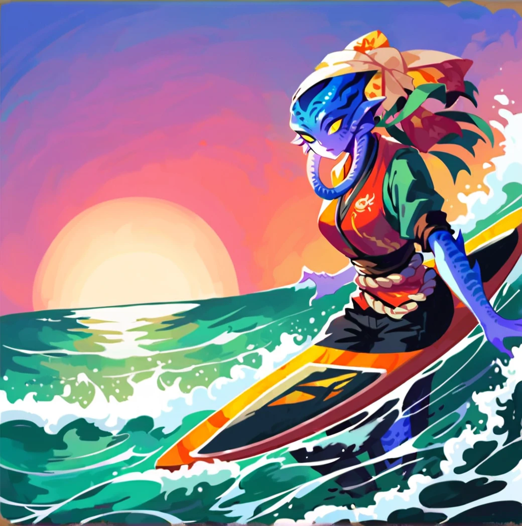 anime artwork score_9, score_8_up, score_7_up, best quality, high quality, highly detailed, cel shading, source_cartoon, <lora:Smooth Style LoRA XL:0.6> <lora:Ajonah_Crucible:0.8> ,ajonahcur surfing, wave riding, surfboard ,alien girl, ridged facial features, no pupils, yellow eyes, blue skin,