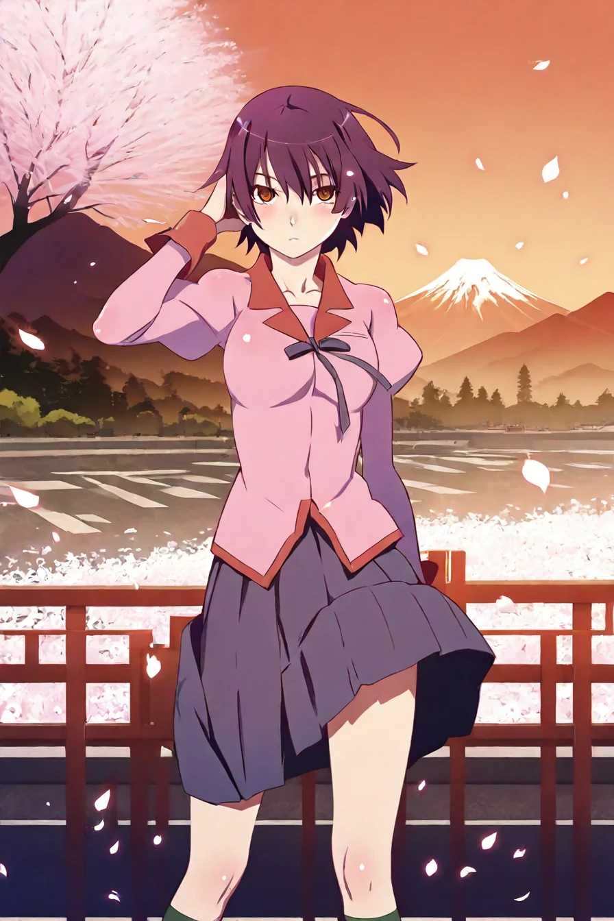 score_9, score_8_up, score_7_up, score_6_up, score_5_up, score_4_up,  <lora:monogatari_style_IllustriousXL:1>, monogatari_style,  1girl, standing, solo, alone, school uniform, naoetsu school uniform, warm orange hue theme, orange sky,  looking at the viewer, masterpiece, highres, highly detailed face, highly detailed shining eyes, symmetrical highly detailed eyes, mount fuji background, cherry blossoms, petals, falling petals, tree, spring