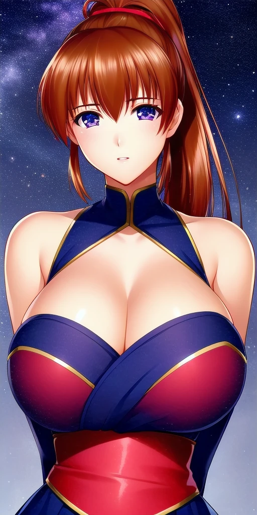 <lora:KasumiHellabunaV4:.8> kasumi_hellabuna, huge_breasts, standing, solo, arms_behind_back, starry_sky, high_ponytail, masterpiece, best_quality, detailed_face, detailed_eyes, highres, beautiful, detailed, absurdres,