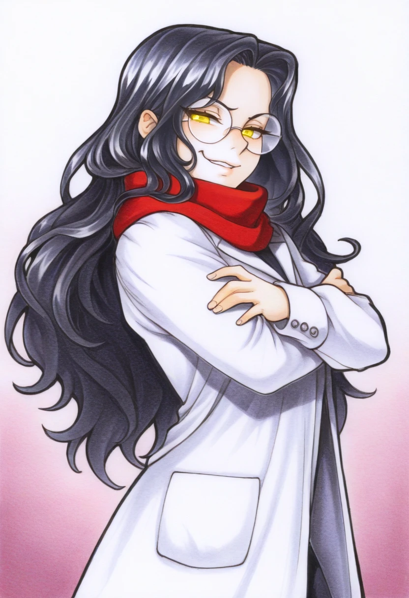 masterpiece, best quality, good quality, solo, androgynous,  <lora:NSLimstellaFE7Illu:1> NSLimstellaFE7, black hair, long hair, yellow eyes, traditional media, round eyewear, glasses, red scarf, white coat, lab coat, smug, crossed arms, biting lip