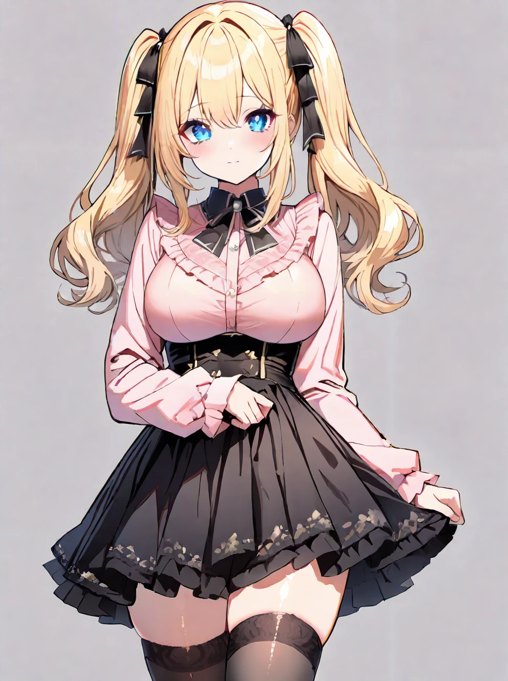 masterpiece,ultra-detailed,best quality,8K,illustration,cute face,clean skin ,shiny hair,girl,large breasts,ultra-detailed-eyes,simple background,  <lora:jirai kei_illustrious_V1.0:0.8> jirai kei ,pink shirt,black skirt,thighhighs,twintails