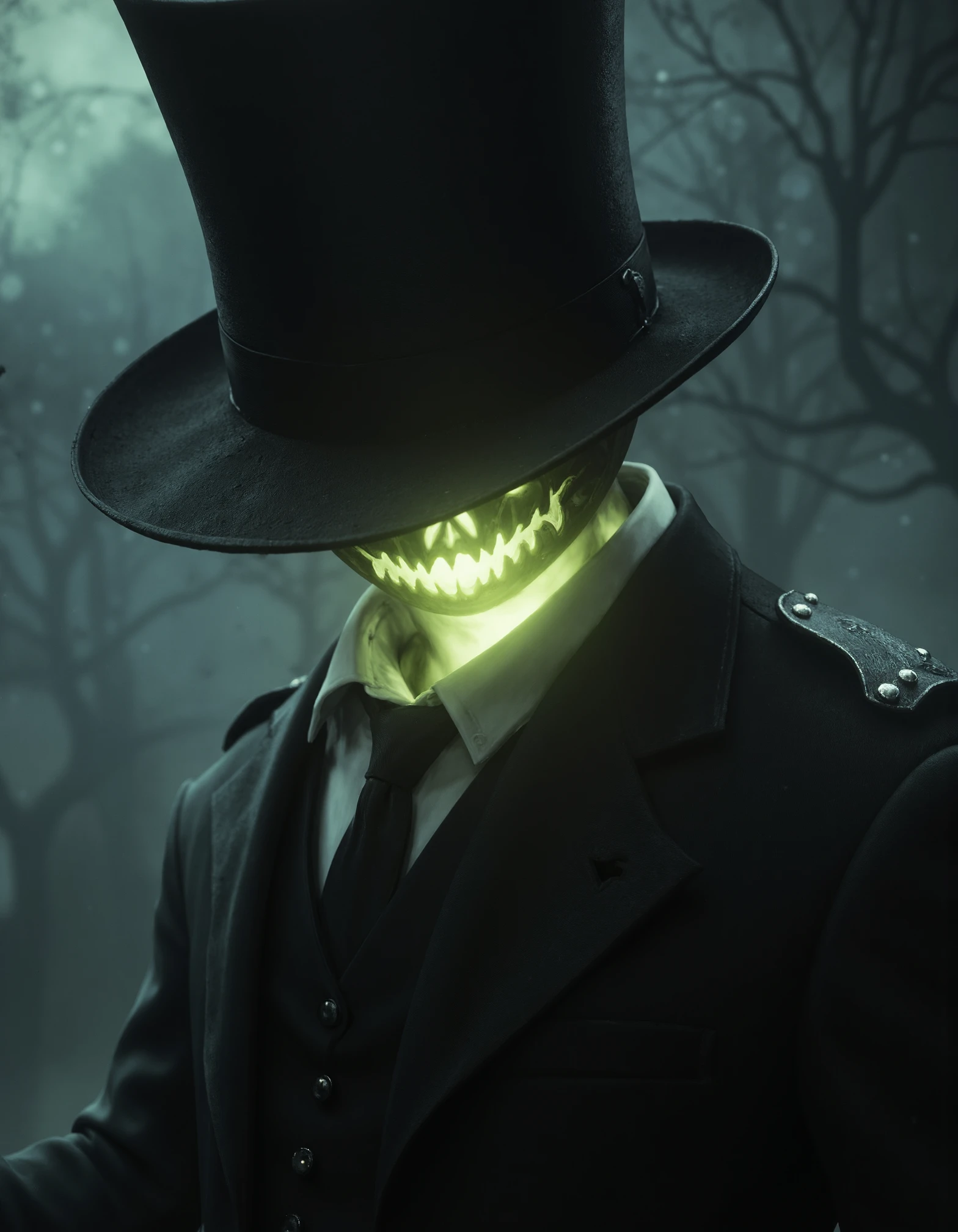 zavy-hdlsshrsmn, mysterious photoshoot of close-up view of headless victorian age officer with a glowing presence, photorealistic depiction, high quality cinematic shot, halloween style