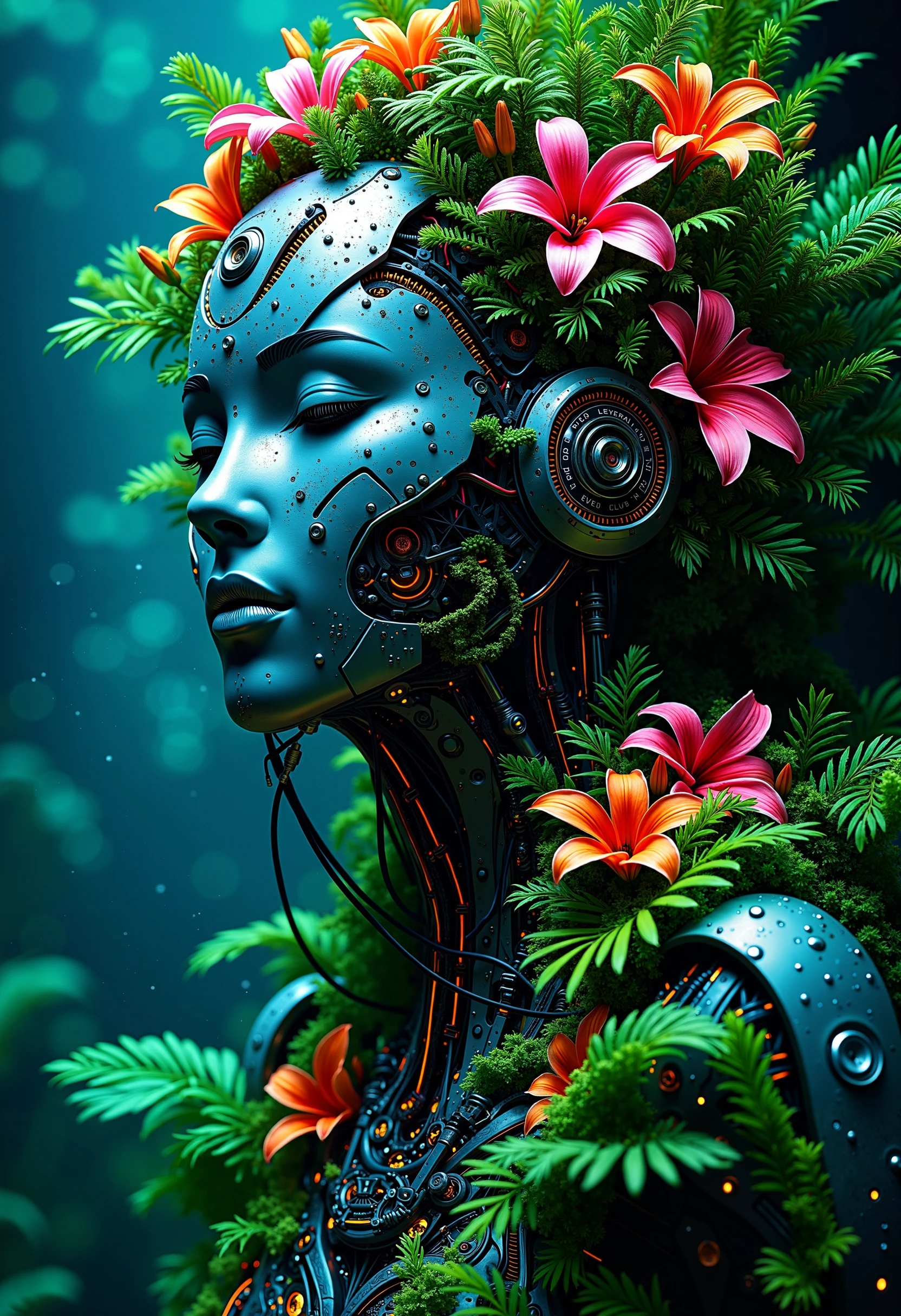 bo-naturepunk, naturecyberpunk, greenpunk, futuristic botanical fusion, depicting a cybernetic figure intertwined with vibrant tropical flora. Setting features a glowing, bioluminescent background with deep blues and greens, evoking a serene underwater atmosphere. The figure's head is adorned with colorful flowers like pink lilies and orange blossoms, with lush green leaves cascading down in a wild yet harmonious manner. Metallic cybernetic elements, including illuminated wires and intricate machinery, contrast sharply with the organic textures. The overall aesthetic combines hyperrealism with a touch of surrealism, showcasing the blend of nature and technology in vivid detail. Bright accents of orange and blue lighting enhance the visual depth and dimension of the scene.<lora:FLUX Naturepunk\bo-naturepunk-000012.safetensors:1.0:1.0>