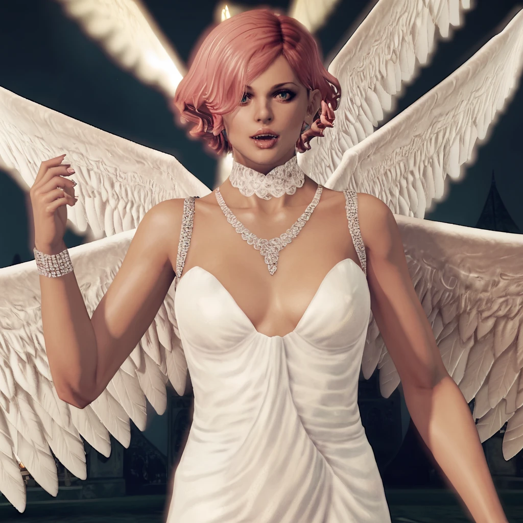 <lora:paulashadowofthedamned_pony_v1:1>  PaulaWinged, 1girl, angel wings, jewelry, white dress, short hair, pointy ears, dark skin, dark-skinned female, earrings, necklace, hair over one eye, pink hair, cowboy shot