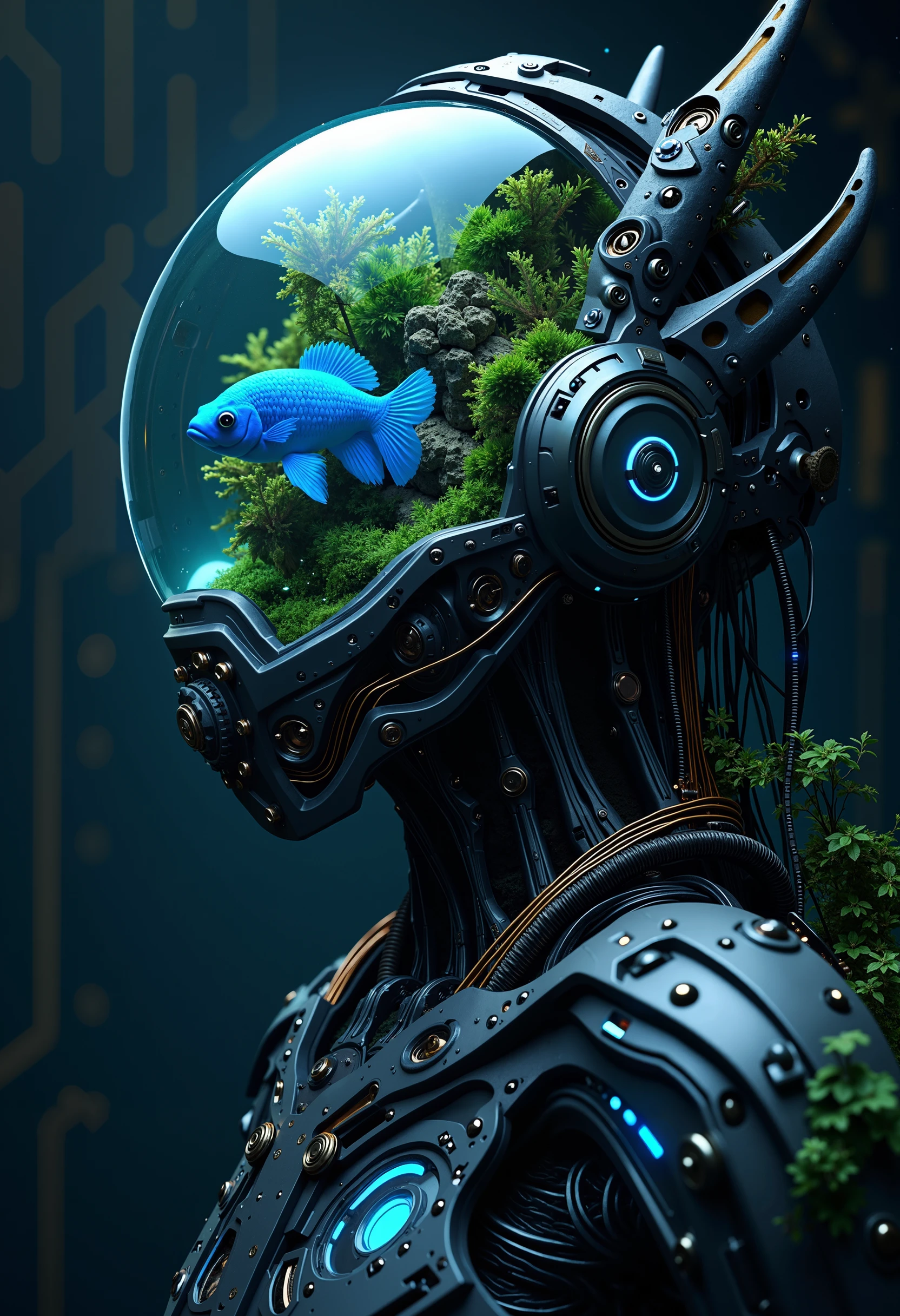 Ultra High Resolution portrait of a futuristic humanoid with an intricate cybernetic helmet, containing a transparent glass dome filled with an aquatic habitat. Inside the helmet, a vivid blue bioluminescent fish swims gracefully amidst miniature underwater plants and rocks. The humanoid's suit is a sleek, dark exoskeleton with glowing blue circuitry and metallic components, blending organic shapes with high-tech detailing. Delicate wires and sensors are connected to the helmet, and the figure has elongated, elf-like ears, adding a touch of mysticism. The background is a dark, high-tech interface with subtle circuitry patterns, enhancing the sci-fi, cyberpunk atmosphere. The colors are rich and striking, with deep blues, metallic grays, and soft greens, creating an immersive and surreal scene. bo-naturepunk, naturecyberpunk, greenpunk.<lora:FLUX Naturepunk\bo-naturepunk-000012.safetensors:1.0:1.0>