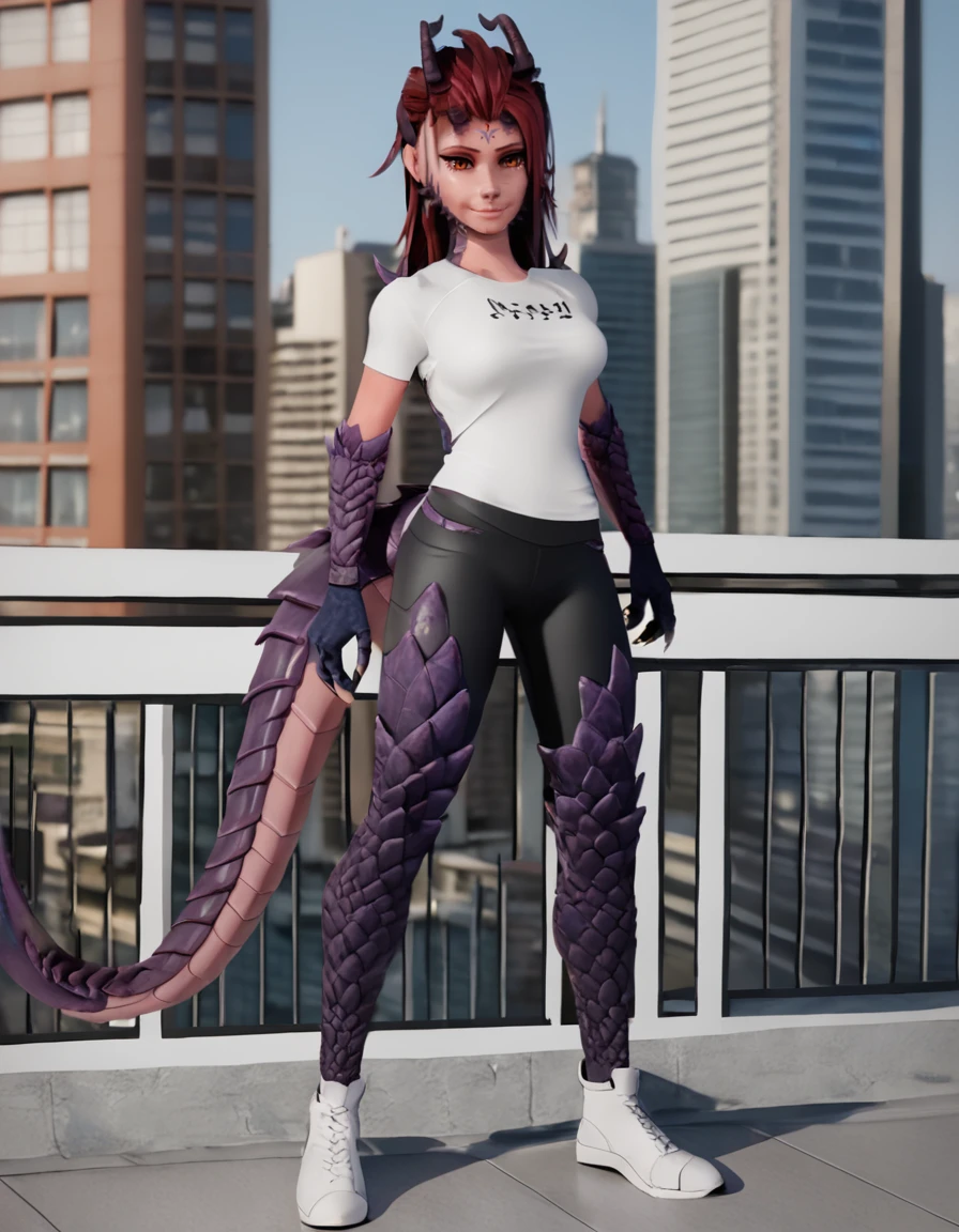 city,
Liz,1girl,solo,horns,long hair,brown eyes,red hair,scales,monster girl,claws,facial mark,dragon girl,dragon tail,dragon horns,
white t-shirt,spandex pants,seductive smile,long eyelashes,full body,((white footwear)),looking at viewer, 
<lora:Liz_v01_PDXL:1>,