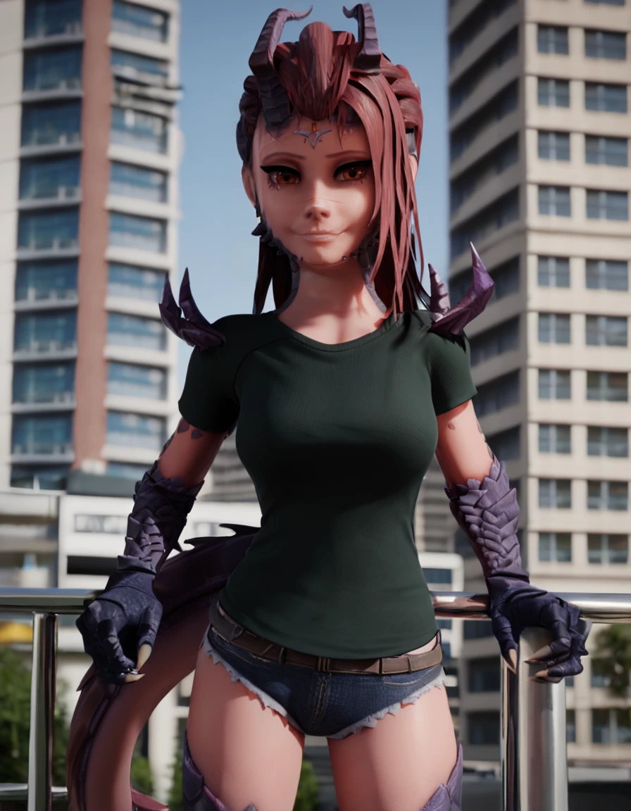 city,
Liz,1girl,solo,horns,long hair,brown eyes,red hair,scales,monster girl,claws,facial mark,dragon girl,dragon tail,dragon horns,
t-shirt, denim shorts,light smile, looking at viewer, 
<lora:Liz_v01_PDXL:1>,