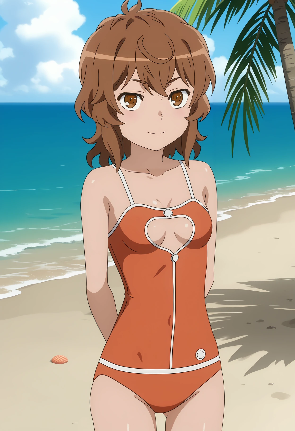 score_7_up, anime screencap,
<lora:DanMachi_LilirucaArdeXL:0.9>,
1girl, closed mouth, light smile,
medium hair, brown hair, brown eyes,
LiliSwimsuit, casual one-piece swimsuit, orange one-piece swimsuit, cleavage cutout, small breasts,
arms behind back, thigh gap, standing, looking at viewer,
horizon, beach, palm tree, water