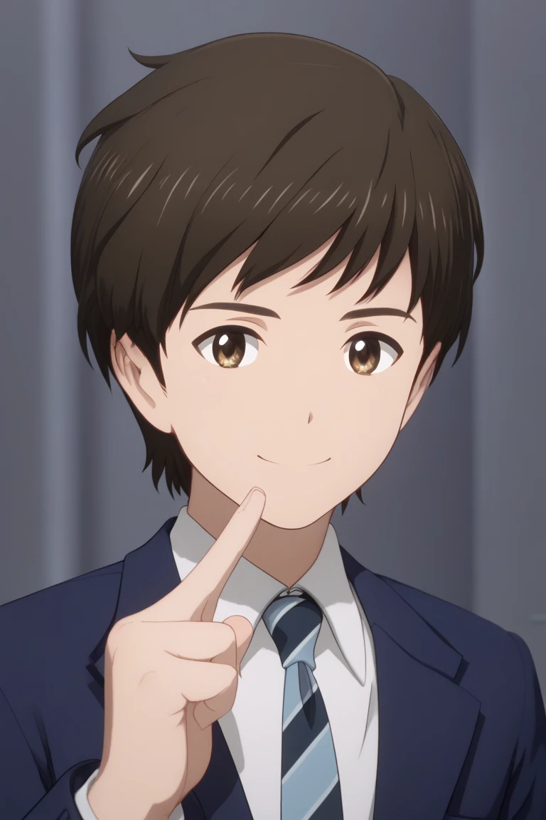 score_9, score_8_up, score_7_up, score_6_up, score_5_up, score_4_up, nakamurap, brown hair, brown eyes, 1boy, male focus, solo, smile, parody, necktie, looking at viewer, anime coloring, index finger raised