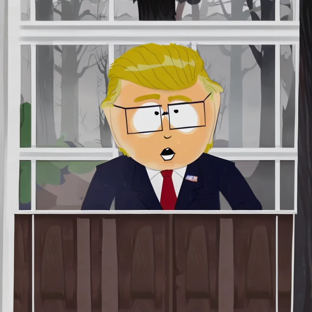 mr. garrison from south park, blonde hair, face tan, tree, window, black dot eyes, solo, oval office, stank face, formal, suit, 1boy, glasses, male focus, dark navy suit with red tie, woods, necktie