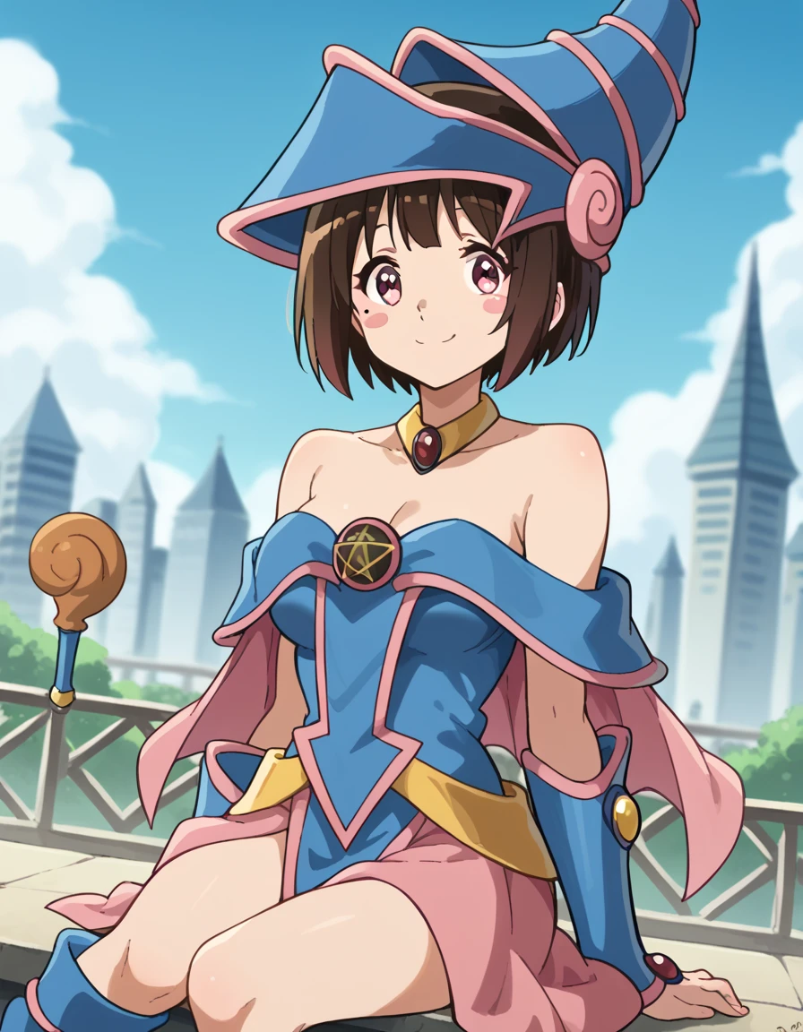 score_9, score_8_up, score_7_up, source_anime, <lora:kaori-nakaseko-s2-ponyxl-lora-nochekaiser:1>, kaori nakaseko, short hair, bangs, brown hair, pink eyes, mole, mole under eye, medium breasts,, <lora:dark-magician-girl-cosplay-ponyxl-lora-nochekaiser:1>, dark magician girl cosplay, dark magician girl (cosplay), bare shoulders, blue footwear, blush, blush stickers, cleavage, collarbone, duel monster, hat, off shoulder, pentacle, wizard hat,, outdoors, cityscape, sitting, smile, blush, cowboy shot, looking at viewer, , dutch angle, cowboy shot