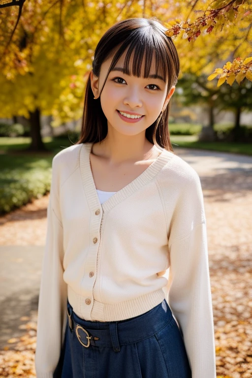 1girl,,(RAW photo, best quality), (realistic, photo-realistic:1.4), masterpiece, an extremely delicate and beautiful, extremely detailed, 2k wallpaper, Amazing, finely detail, extremely detailed CG unity 8k wallpaper, ultra-detailed, highres, soft light, beautiful detailed girl, extremely detailed eyes and face, beautiful detailed nose, beautiful detailed eyes,cinematic lighting,perfect anatomy,slender body
(at a park), (autumn scenery),(golden gingko leaves in the background), Tokyo university, (bokeh)
(wearing blouse and cardigan) (long skirt)
smiling,teeth visible
<lora:suzuharanozomiV2_lora:0.8> <lora:chest size:-1.5>