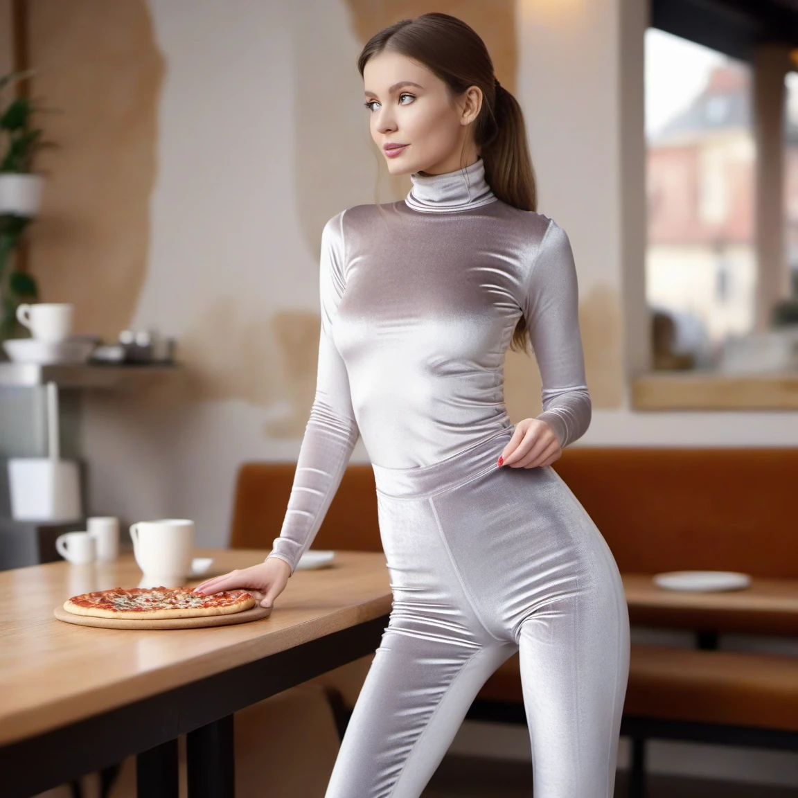 a professional close up torso sharp focused absurdres intricately detailed photograph of the beautiful woman Ariadna_Majewska,
wearing silver velvet yoga pants and a turtleneck, ordering a pizza at a coffee shop,
 <lora:Ariadna_Majewska-SDXL:0.8>