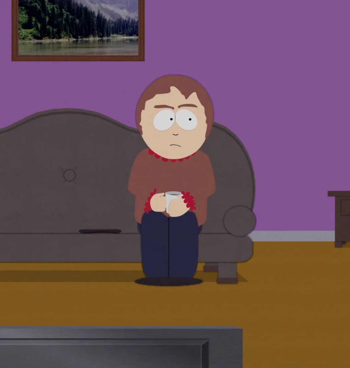 sharon marsh from south park, 1girl, solo, short brown hair, black dot eyes
brown sweater with red frilly ruffles on cuffs and the collar, and dark blue jeans