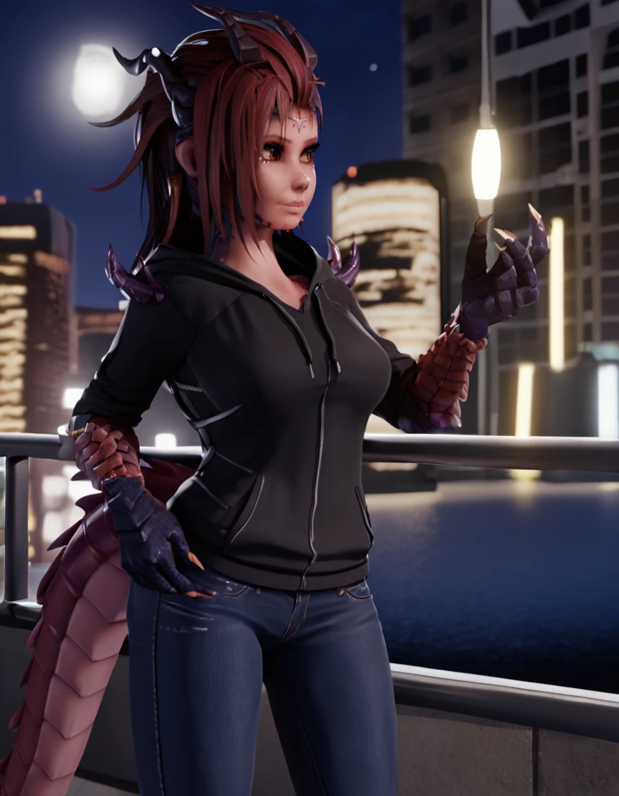 city,night,night sky,
Liz,1girl,solo,horns,long hair,brown eyes,red hair,scales,monster girl,claws,facial mark,dragon girl,dragon tail,dragon horns,
jeans,hoodie,
<lora:Liz_v01_PDXL:1>,