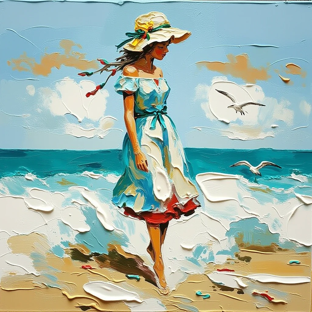 impaflux girl in a blue dress walks on the beach in the background the sea and clouds and birds oil technique