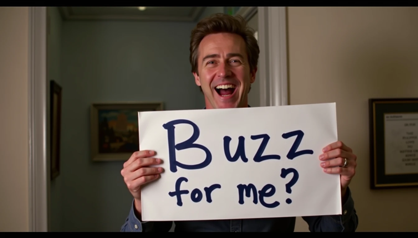 Edward Norton laughs like a crazy psychopath and holds a white sign in his hands that reads "Buzz for me?"