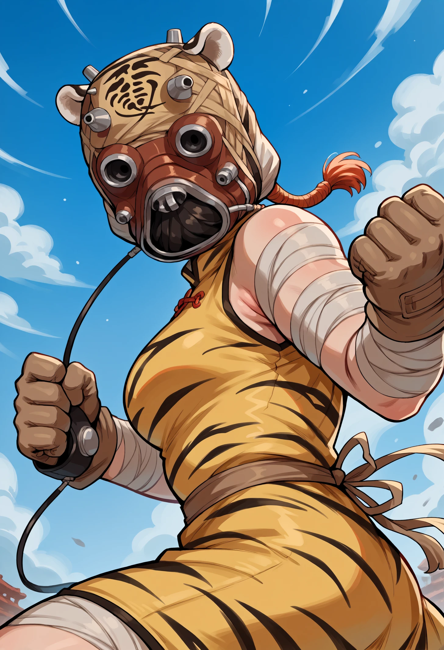 score_9, score_8_up,score_7_up, source_anime, 1girl, solo
tskrdr, mask, brown gloves, ambiguous gender,turban, respirator, bandages, face covering, helmet,
china dress, tiger print, from side, blue sky, smile, looking at viewer, fighting stance, from below,
<lora:tskrdr_pdxl_EliPot:1>